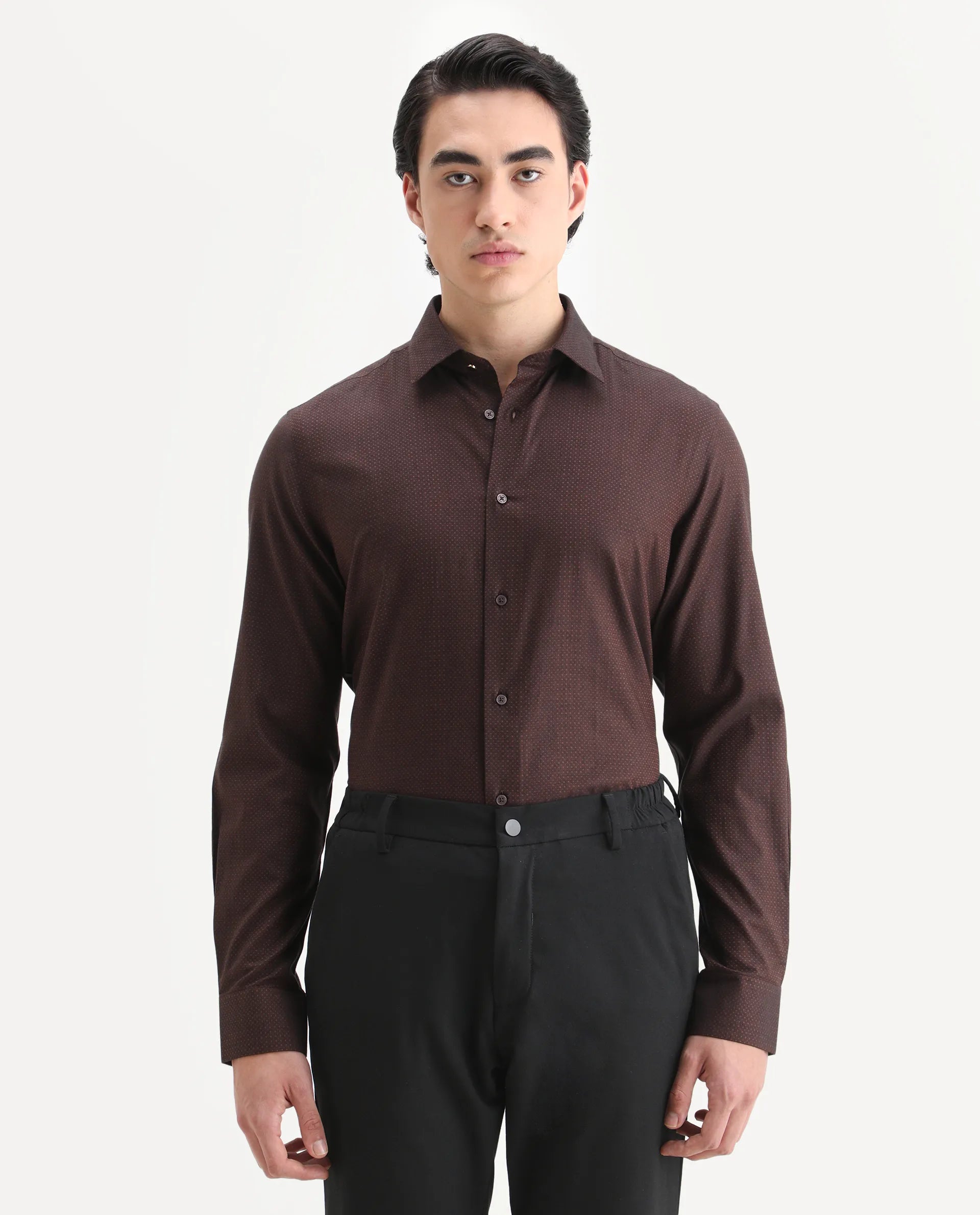 Rare Rabbit Men's Blin Brown Cotton Blend Spread Collar Regular Fit Jacquard Shirt