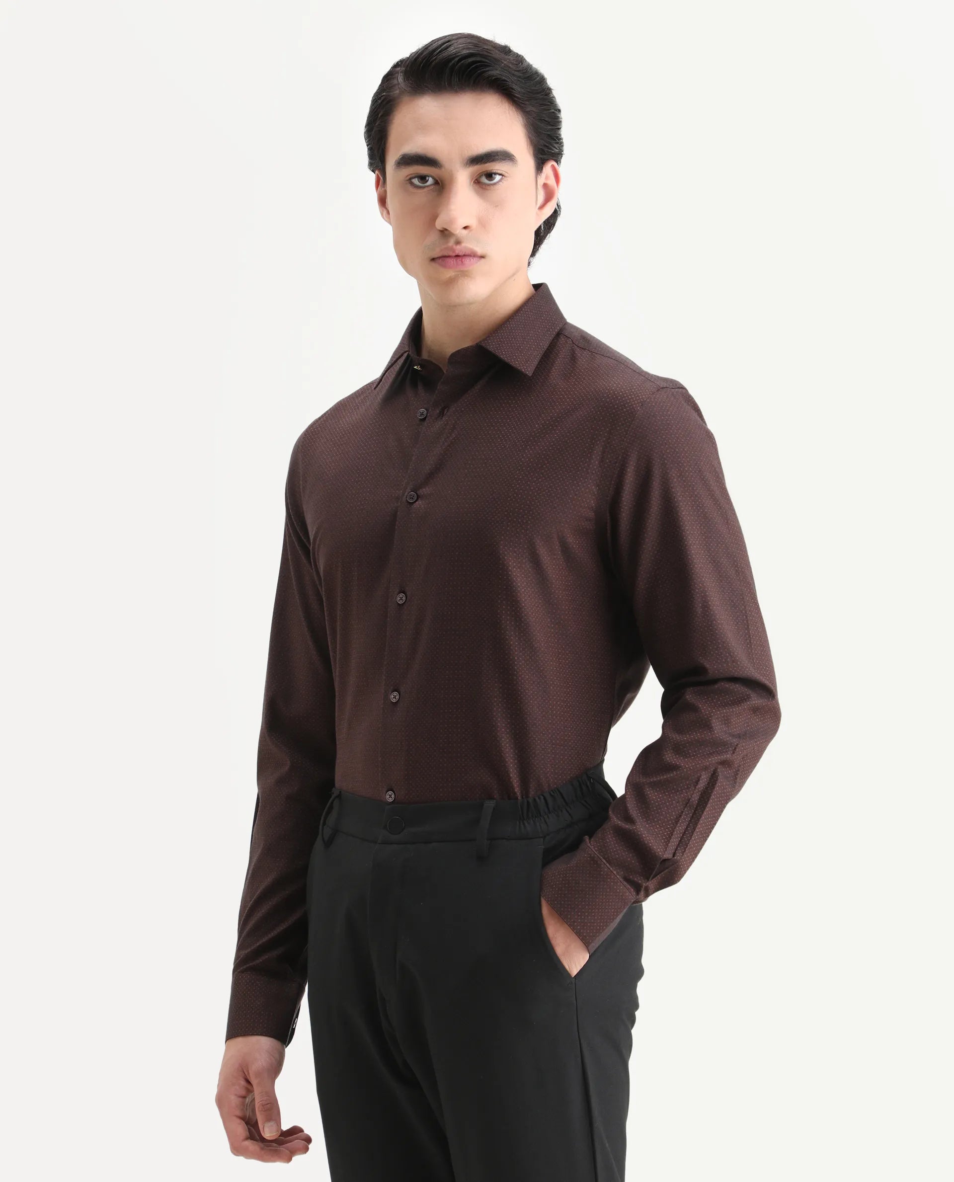 Rare Rabbit Men's Blin Brown Cotton Blend Spread Collar Regular Fit Jacquard Shirt