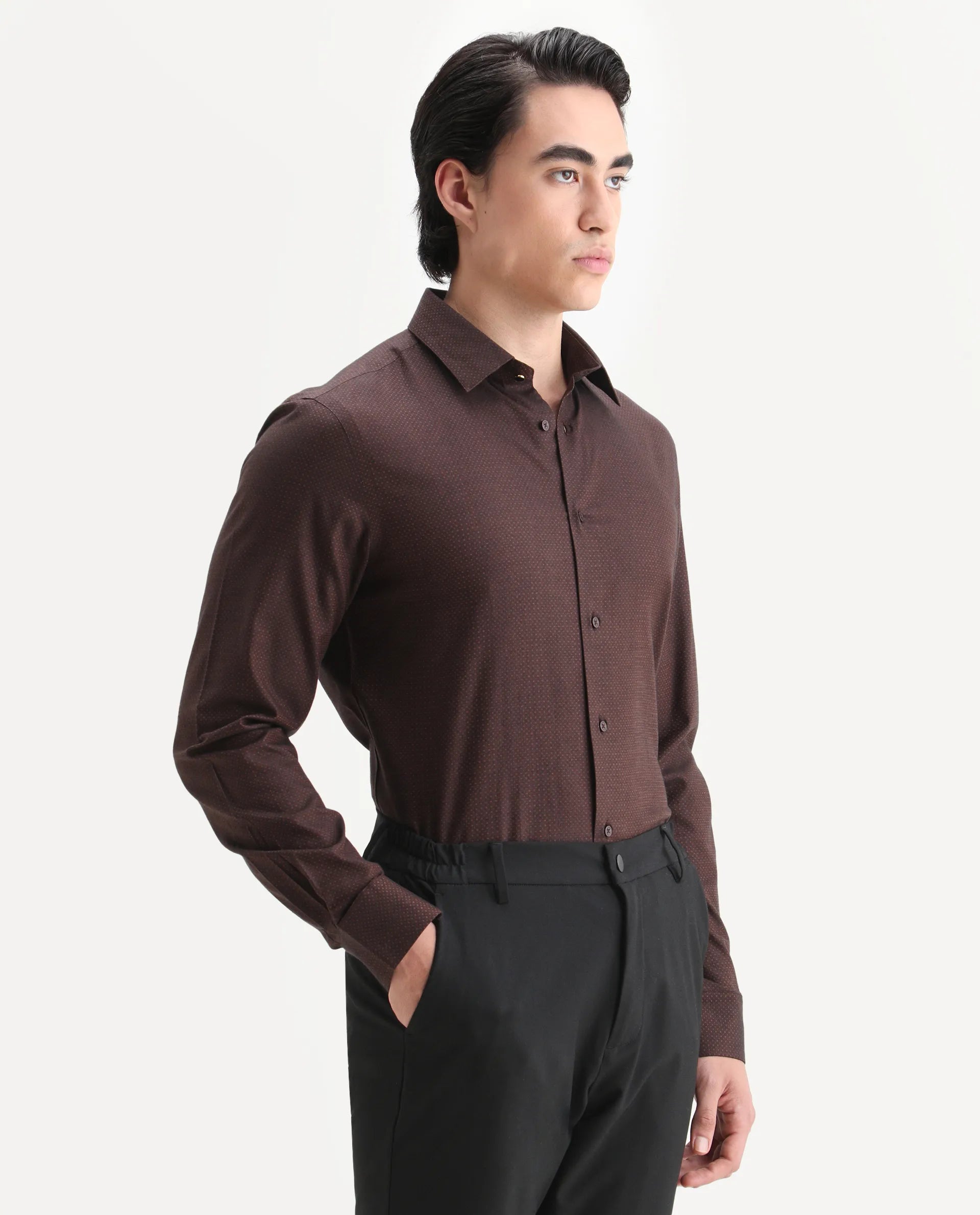 Rare Rabbit Men's Blin Brown Cotton Blend Spread Collar Regular Fit Jacquard Shirt