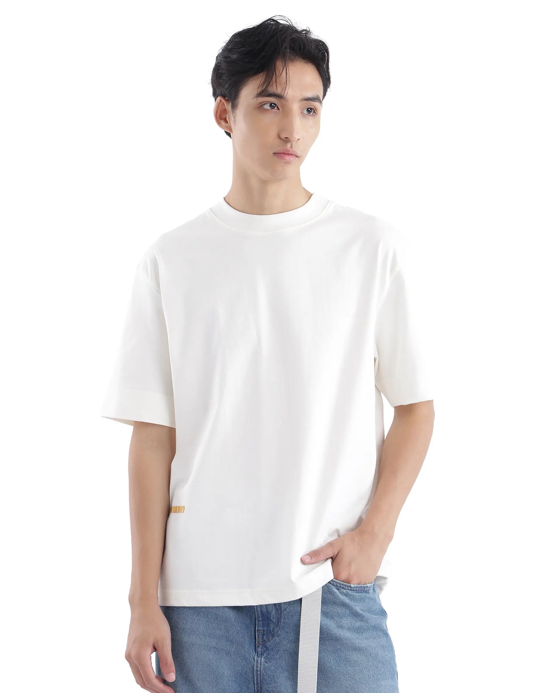 Rare Rabbit Men Blin Off White Cotton Fabric Short Sleeve Crew Neck Oversized Fit Graphic Back Print T-Shirt