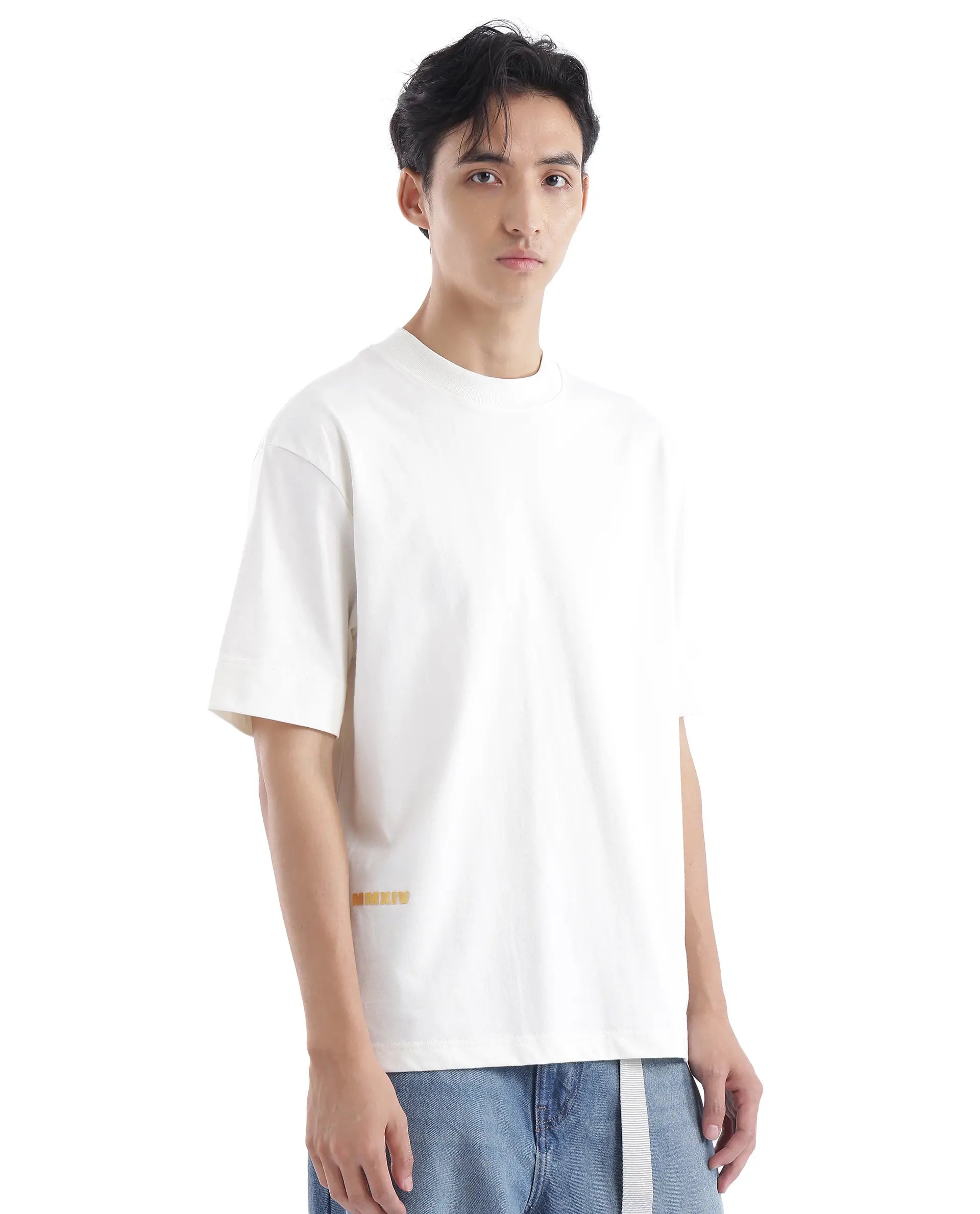 Rare Rabbit Men Blin Off White Cotton Fabric Short Sleeve Crew Neck Oversized Fit Graphic Back Print T-Shirt