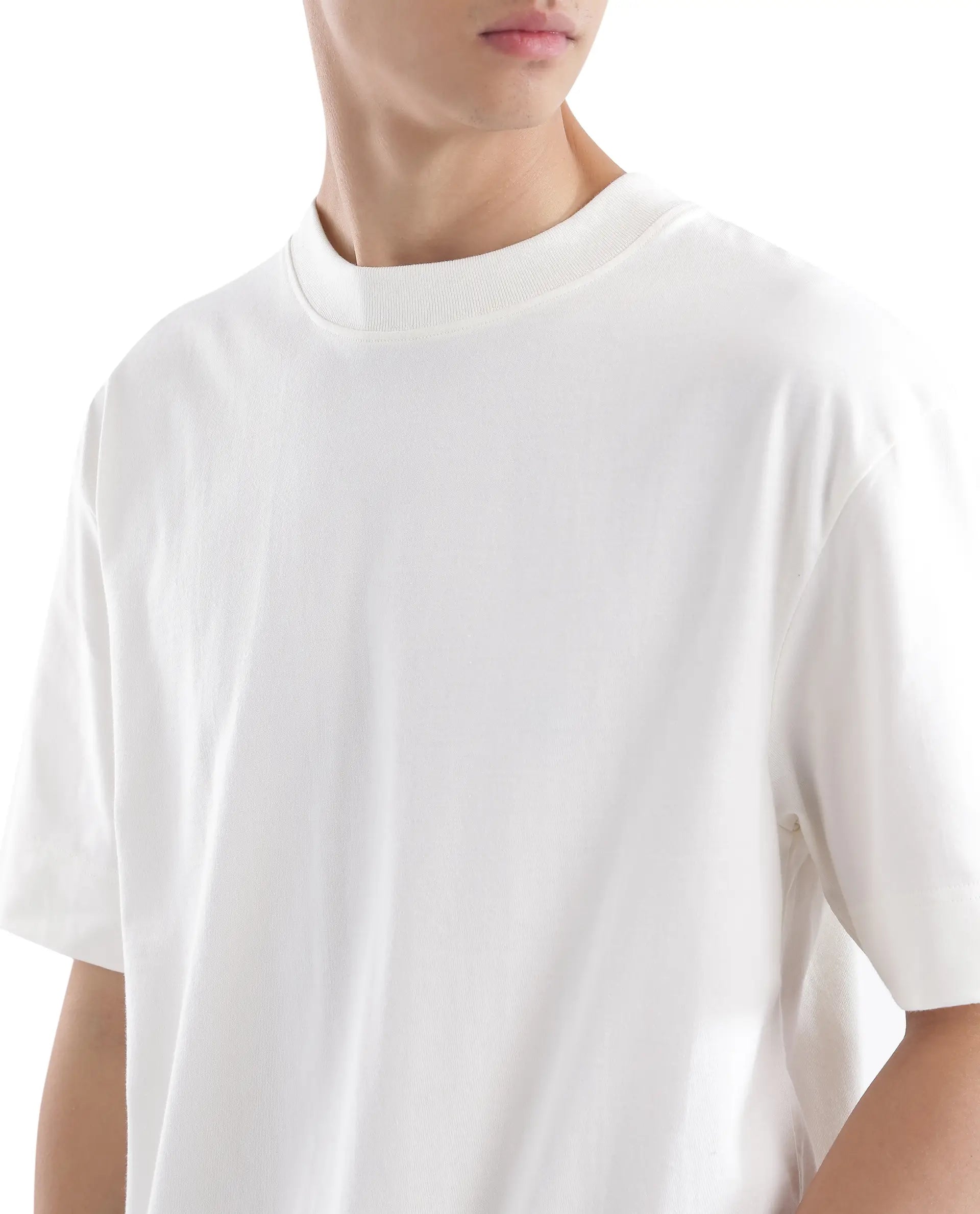 Rare Rabbit Men Blin Off White Cotton Fabric Short Sleeve Crew Neck Oversized Fit Graphic Back Print T-Shirt