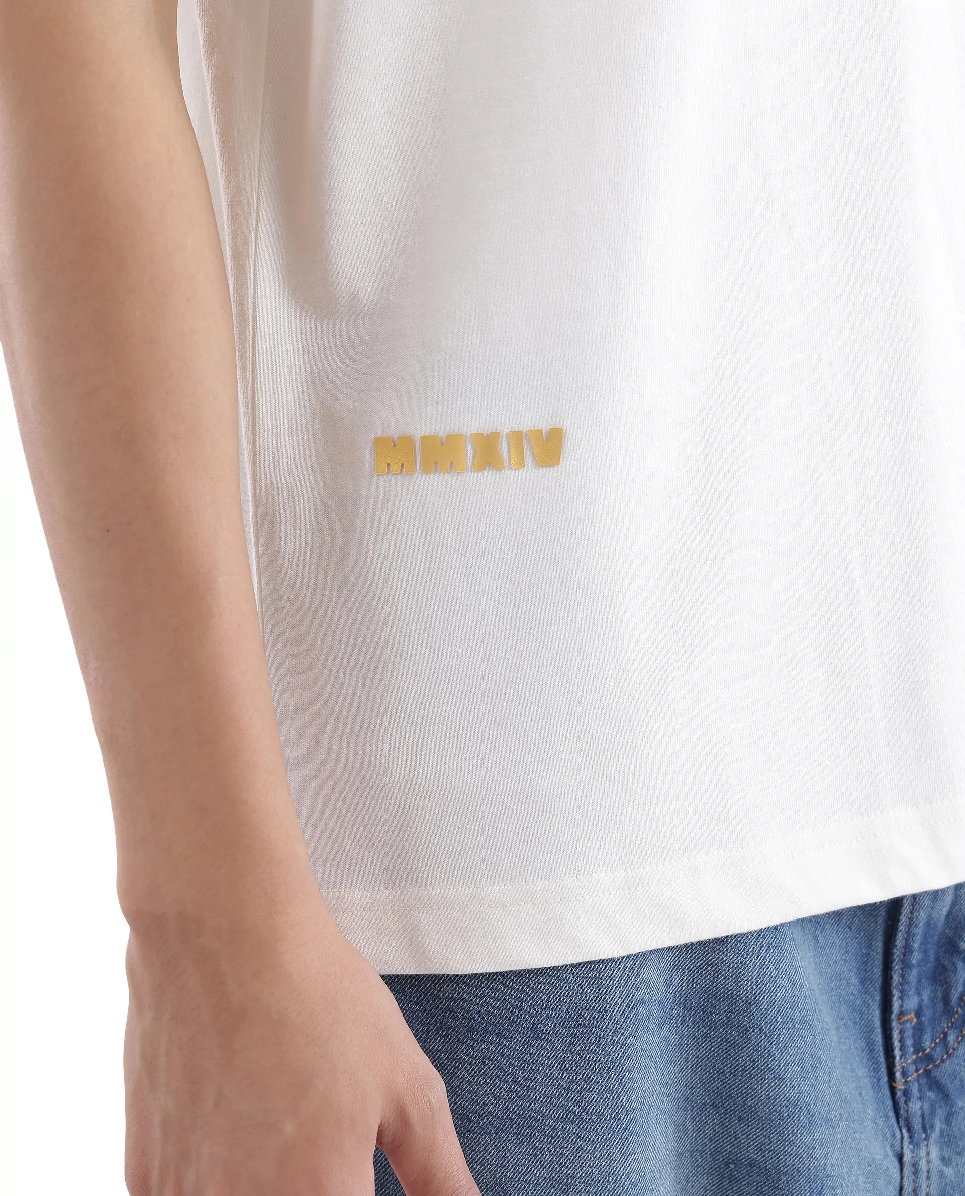 Rare Rabbit Men Blin Off White Cotton Fabric Short Sleeve Crew Neck Oversized Fit Graphic Back Print T-Shirt