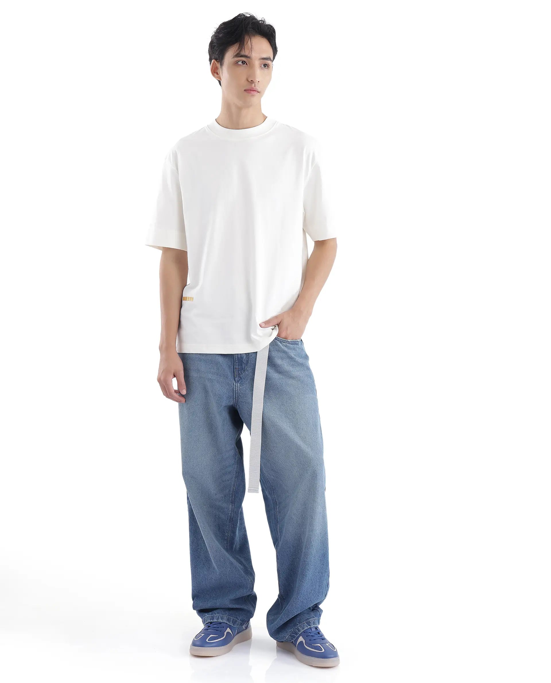 Rare Rabbit Men Blin Off White Cotton Fabric Short Sleeve Crew Neck Oversized Fit Graphic Back Print T-Shirt