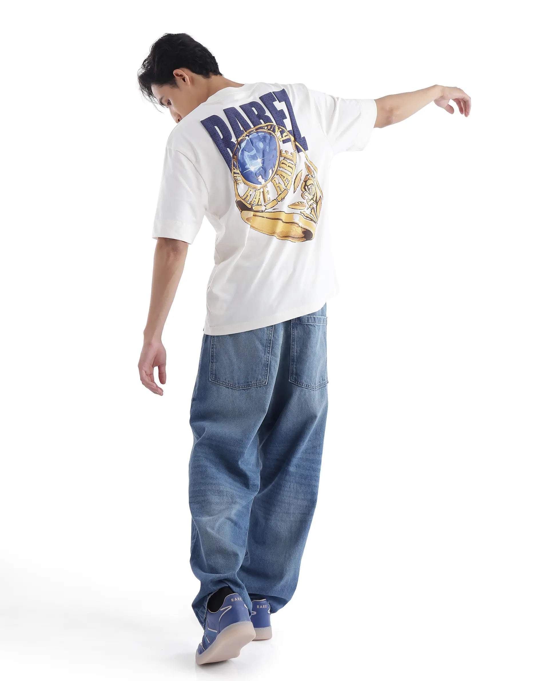 Rare Rabbit Men Blin Off White Cotton Fabric Short Sleeve Crew Neck Oversized Fit Graphic Back Print T-Shirt