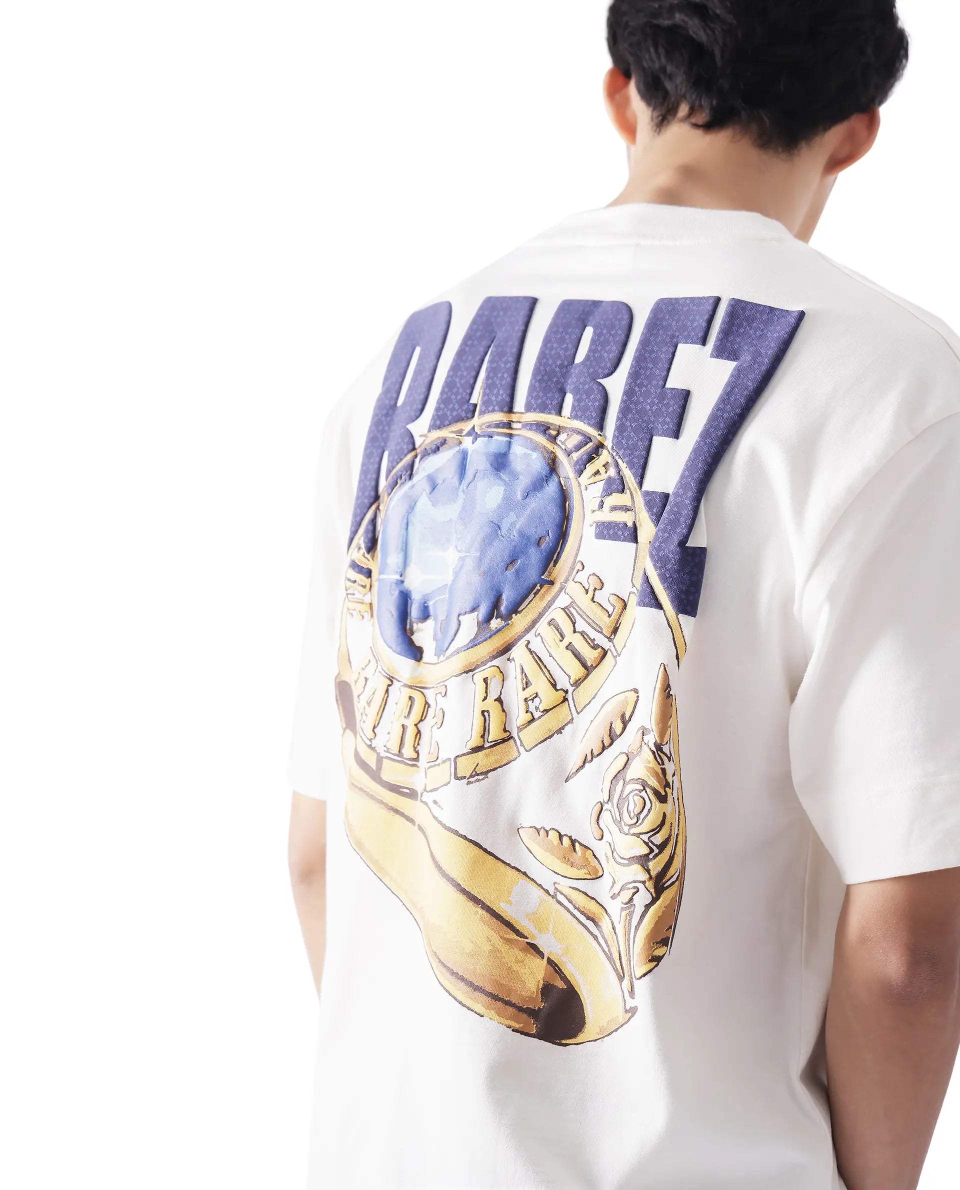 Rare Rabbit Men Blin Off White Cotton Fabric Short Sleeve Crew Neck Oversized Fit Graphic Back Print T-Shirt