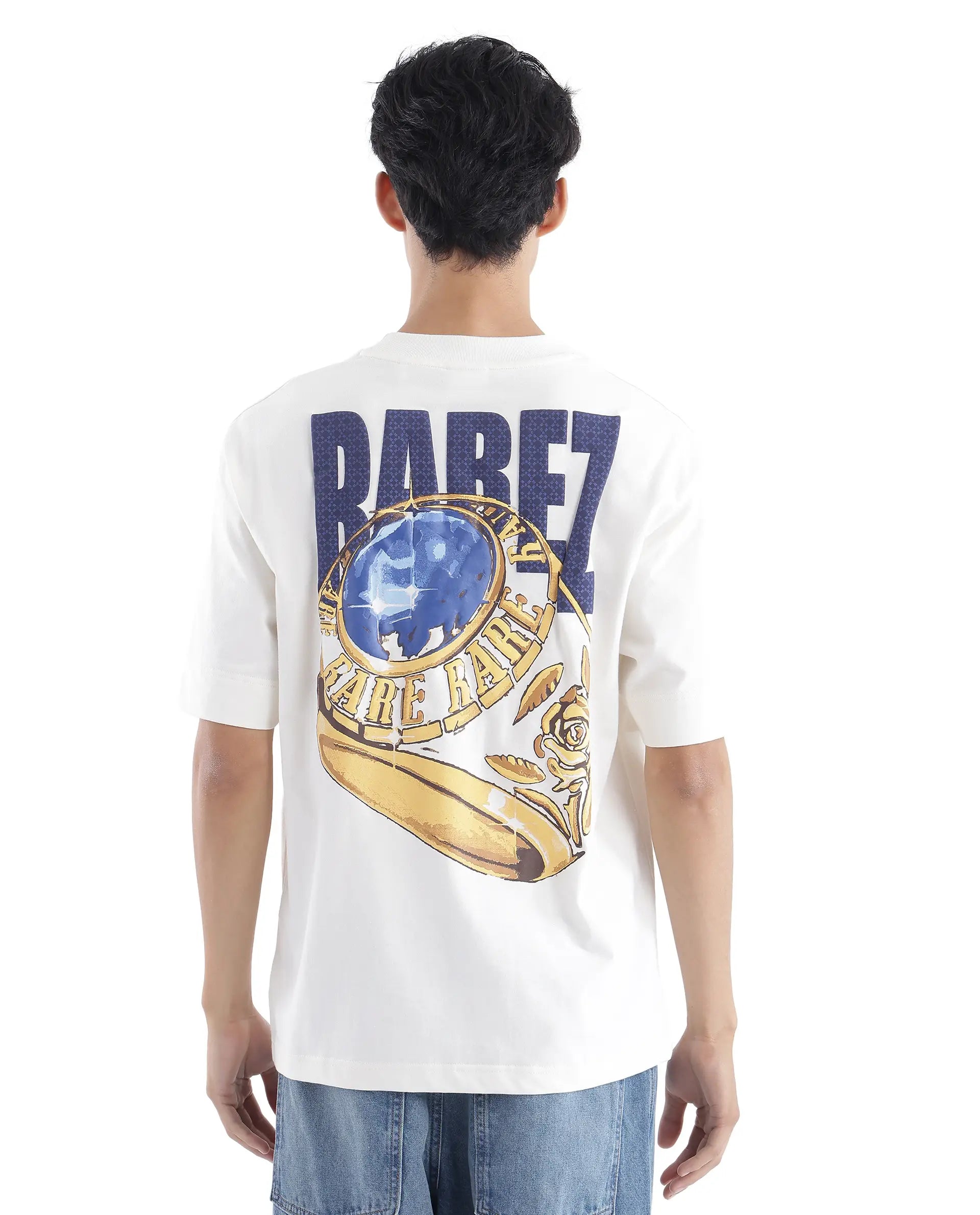 Rare Rabbit Men Blin Off White Cotton Fabric Short Sleeve Crew Neck Oversized Fit Graphic Back Print T-Shirt