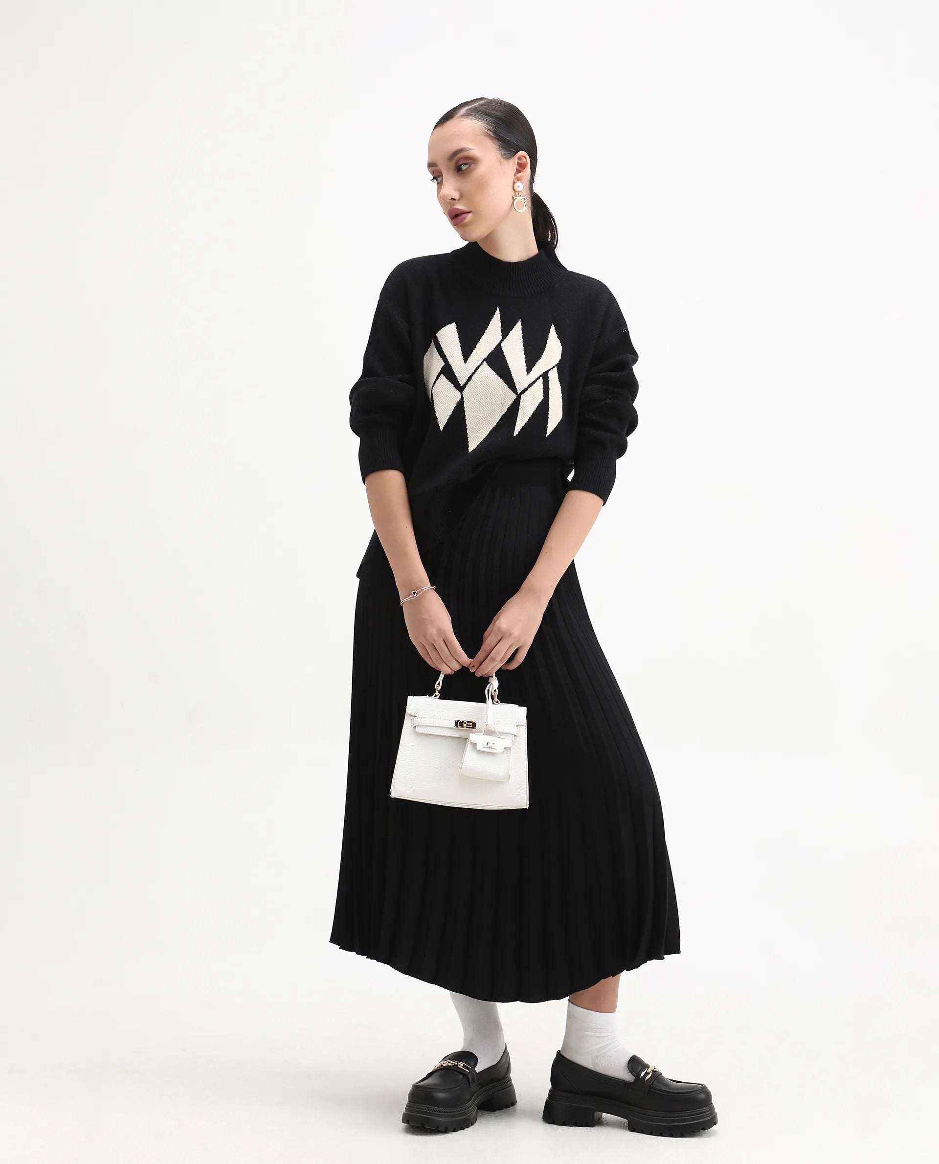 Rareism Women's Blocky Black Acrylic Blend High Neck Relaxed Fit Sweater