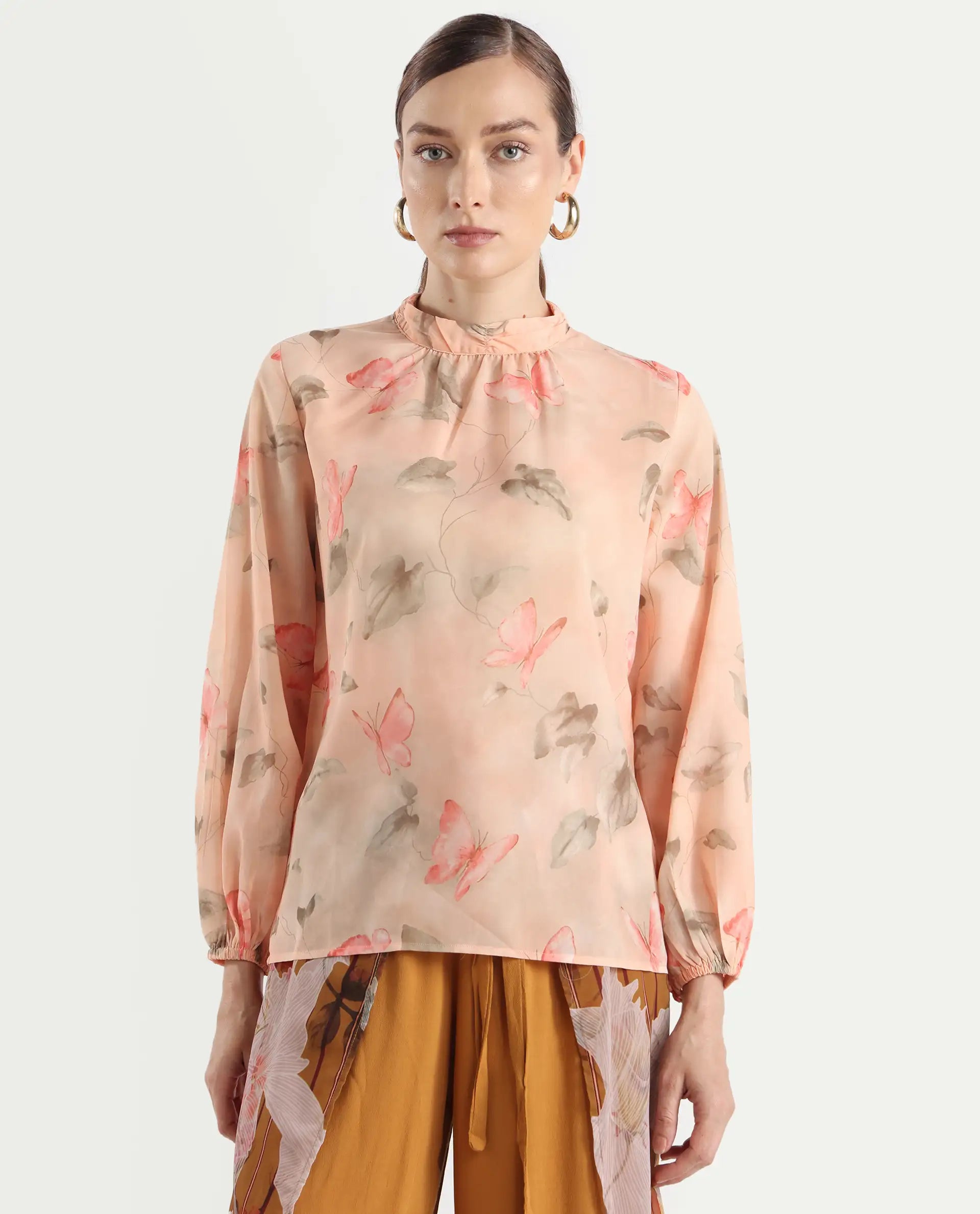 Rareism Women's Blois Multi Polyester High Neck Object Print Bishop Sleeve Regular Fit Top