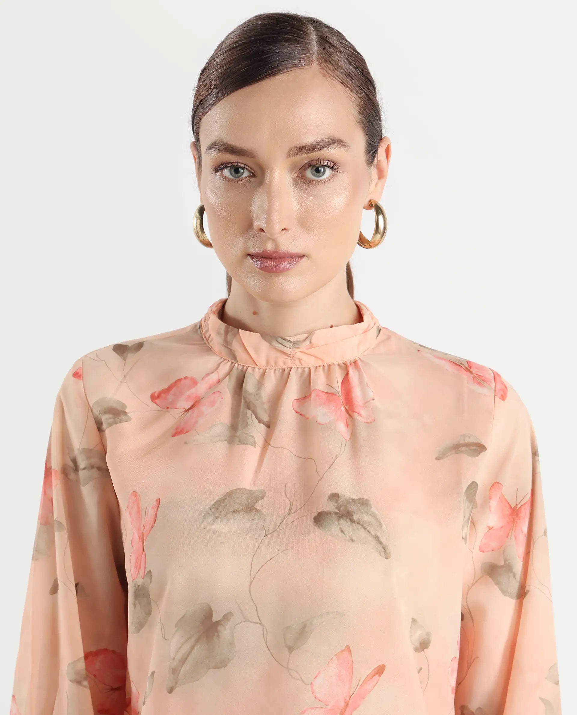 Rareism Women's Blois Multi Polyester High Neck Object Print Bishop Sleeve Regular Fit Top