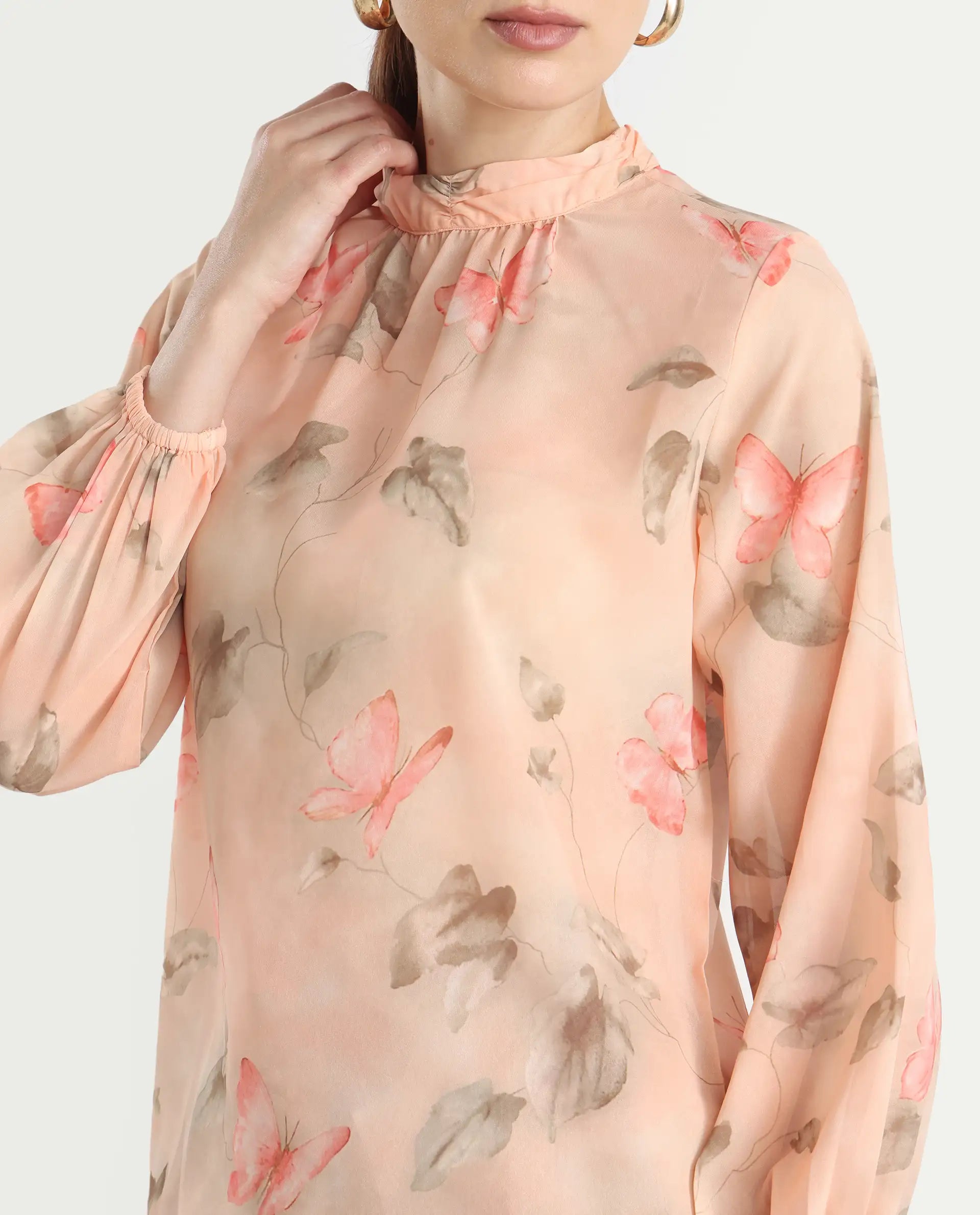 Rareism Women's Blois Multi Polyester High Neck Object Print Bishop Sleeve Regular Fit Top