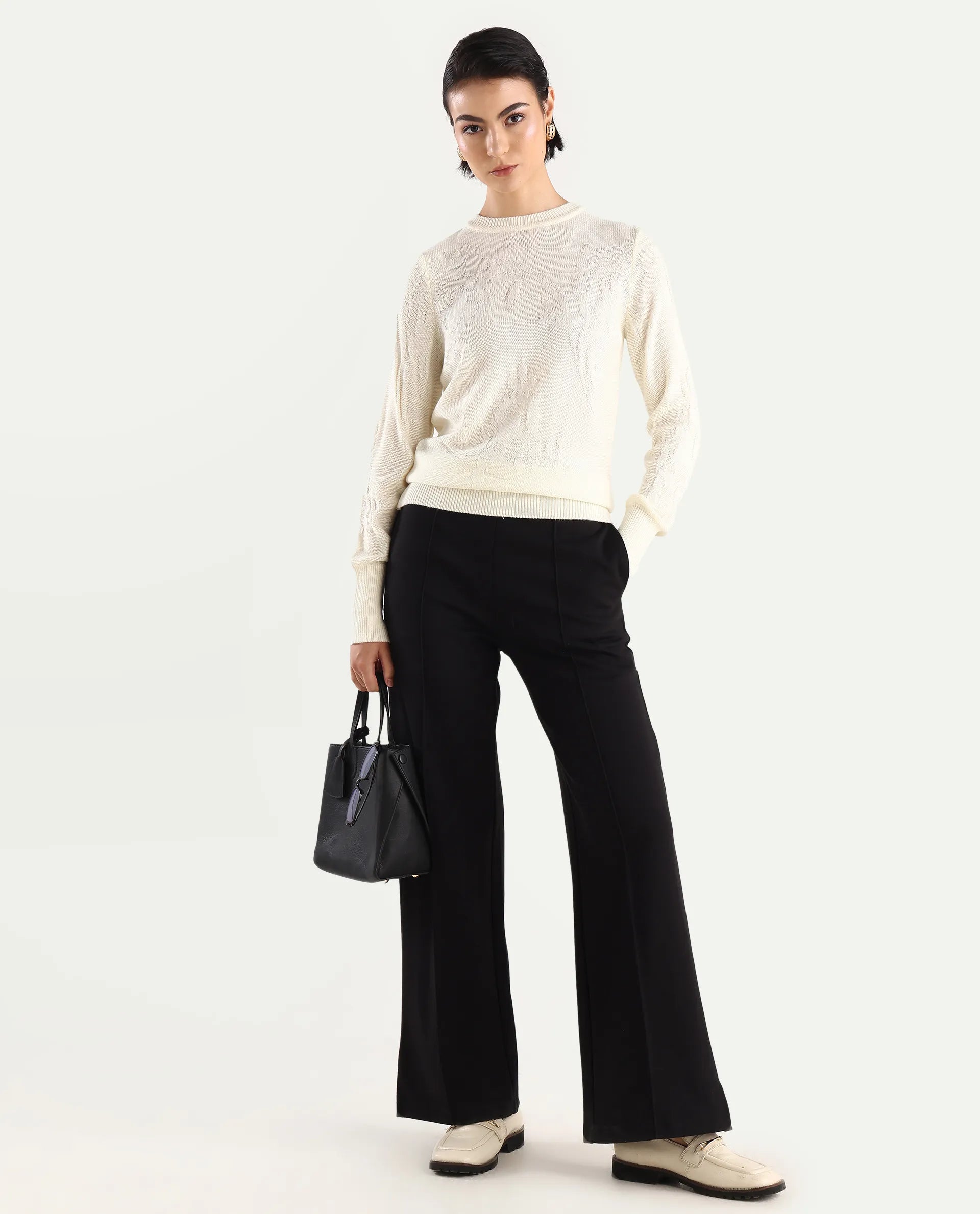 Rareism Women's Bloomy Off White Acrylic Crew Neck Jacquard Relaxed Fit Sweater