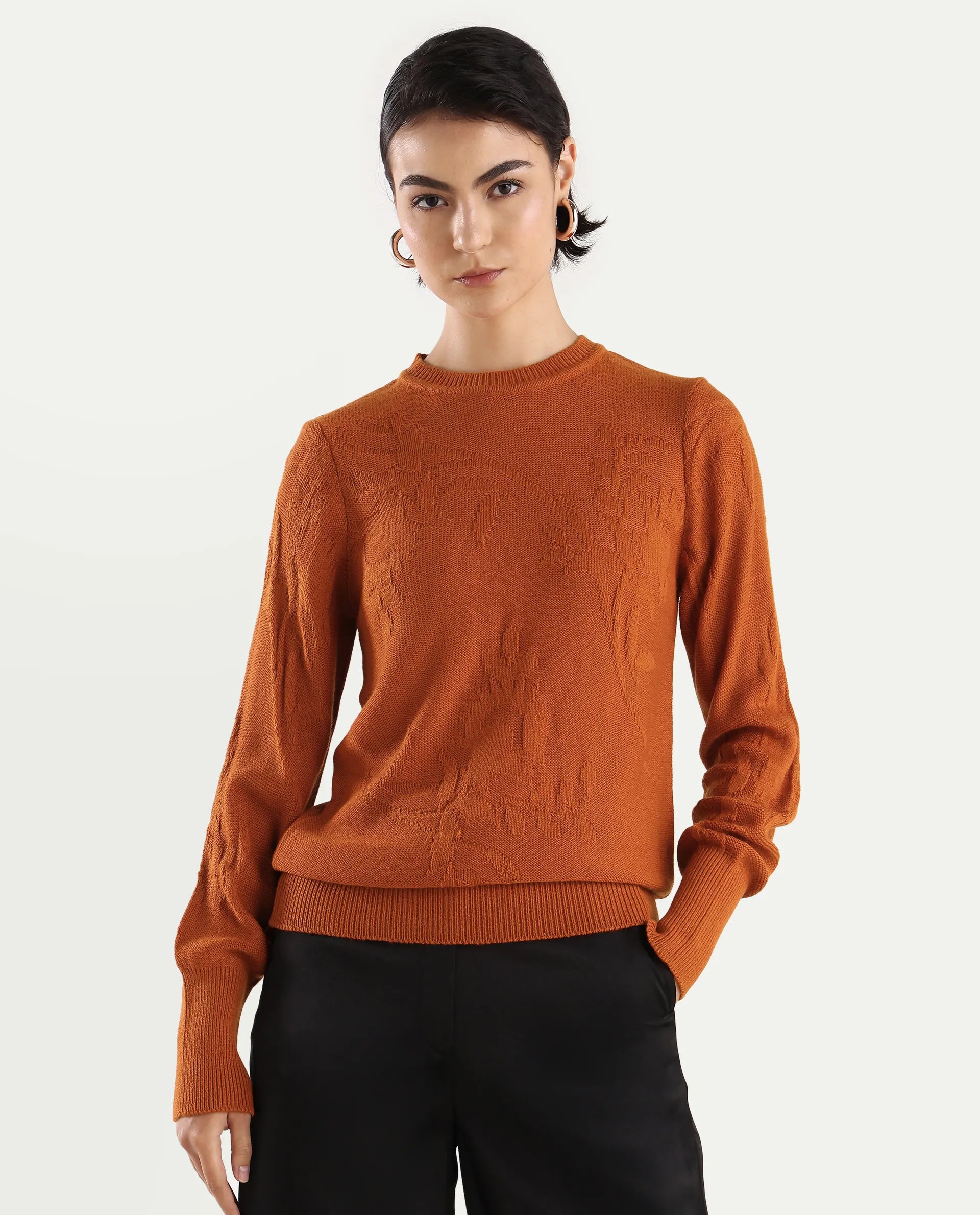 Rareism Women's Bloomy Rust Acrylic Crew Neck Jacquard Relaxed Fit Sweater