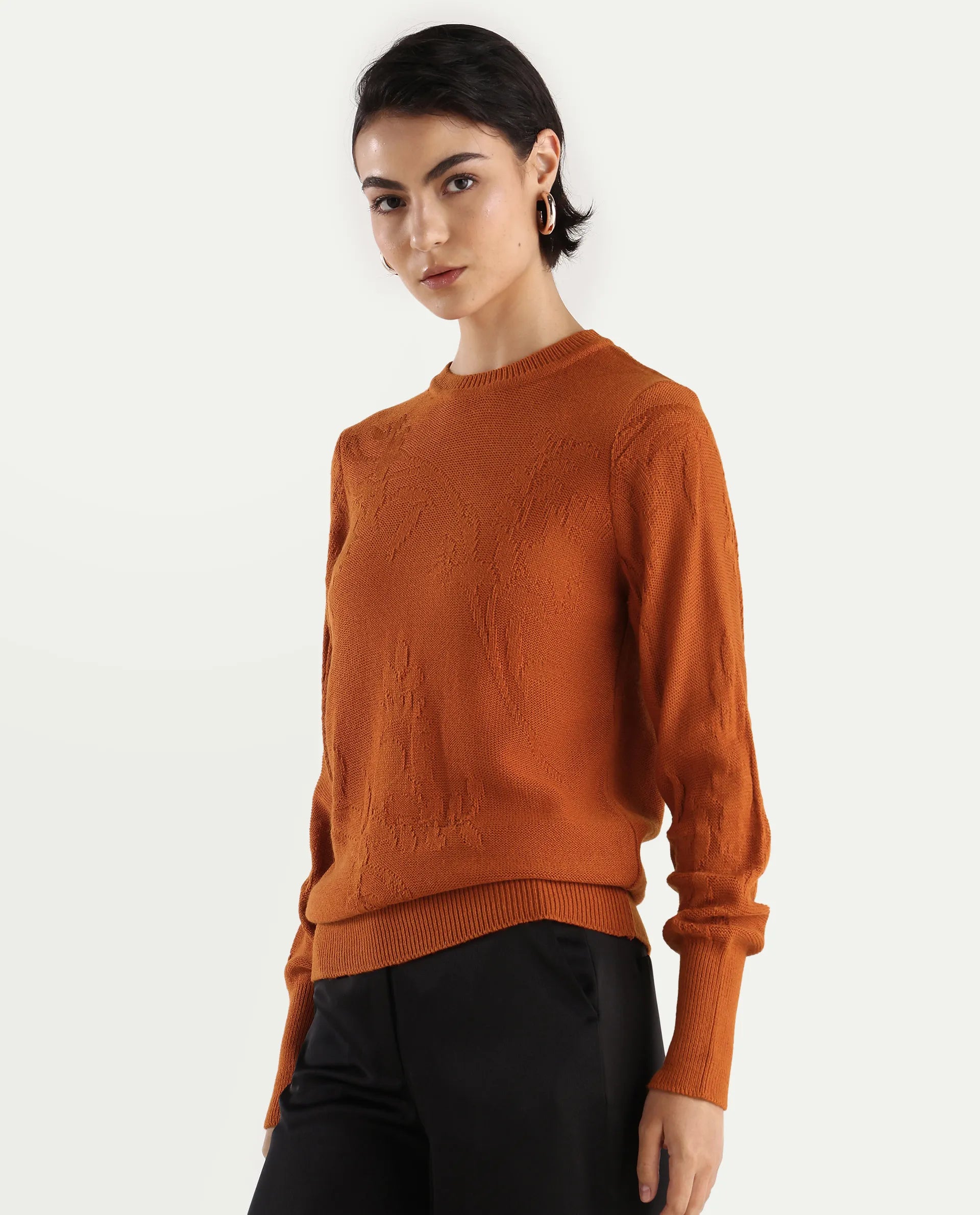 Rareism Women's Bloomy Rust Acrylic Crew Neck Jacquard Relaxed Fit Sweater