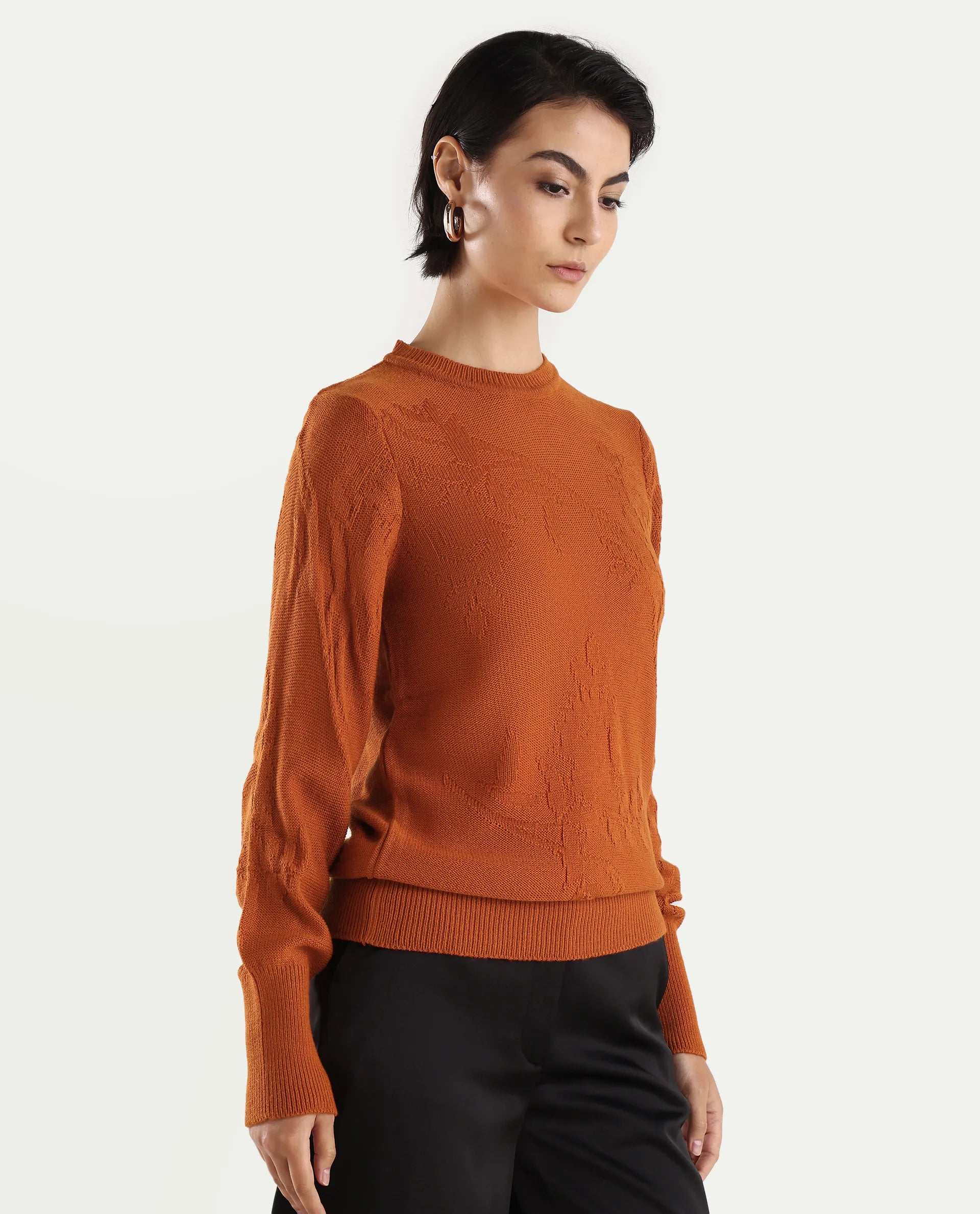Rareism Women's Bloomy Rust Acrylic Crew Neck Jacquard Relaxed Fit Sweater