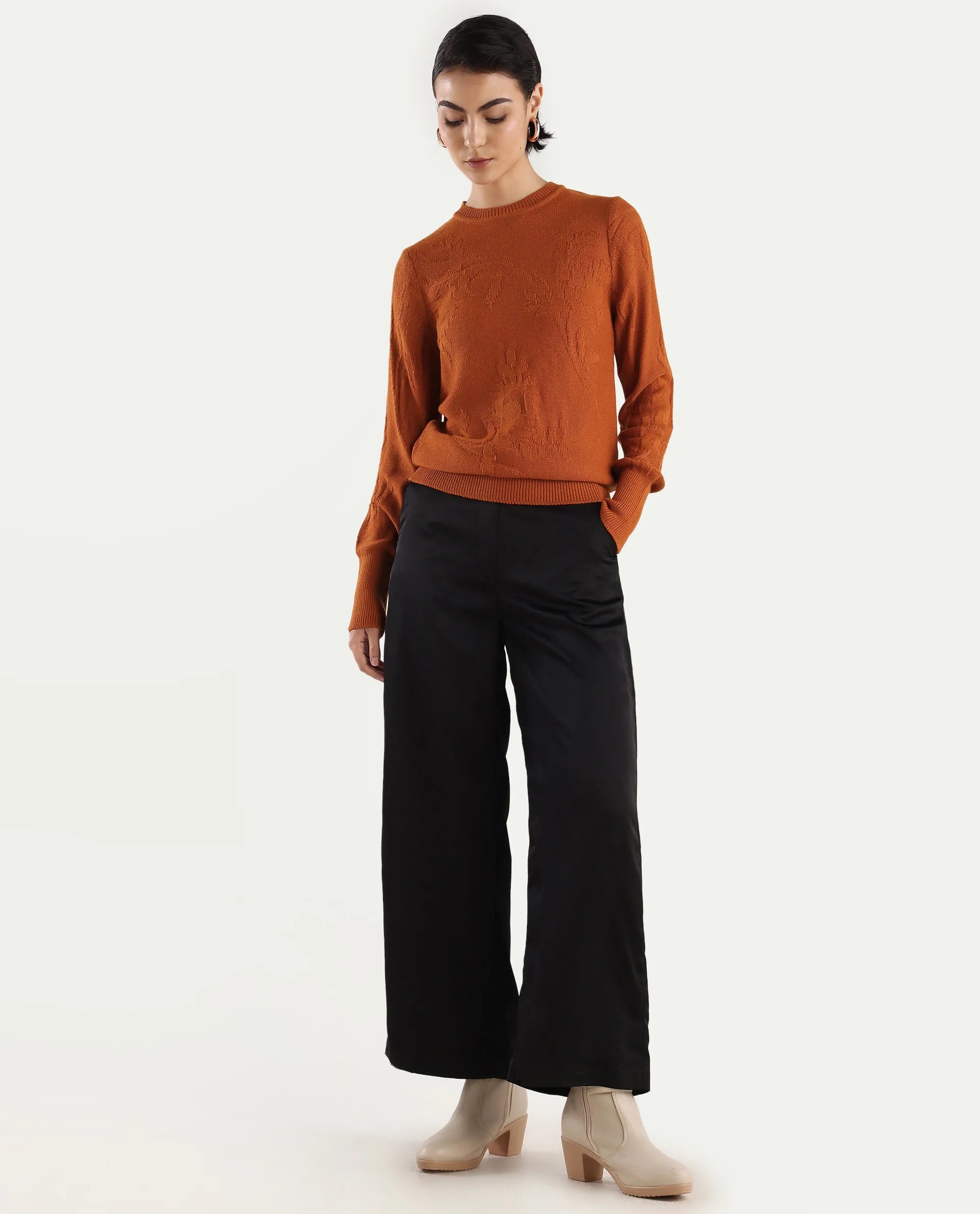 Rareism Women's Bloomy Rust Acrylic Crew Neck Jacquard Relaxed Fit Sweater