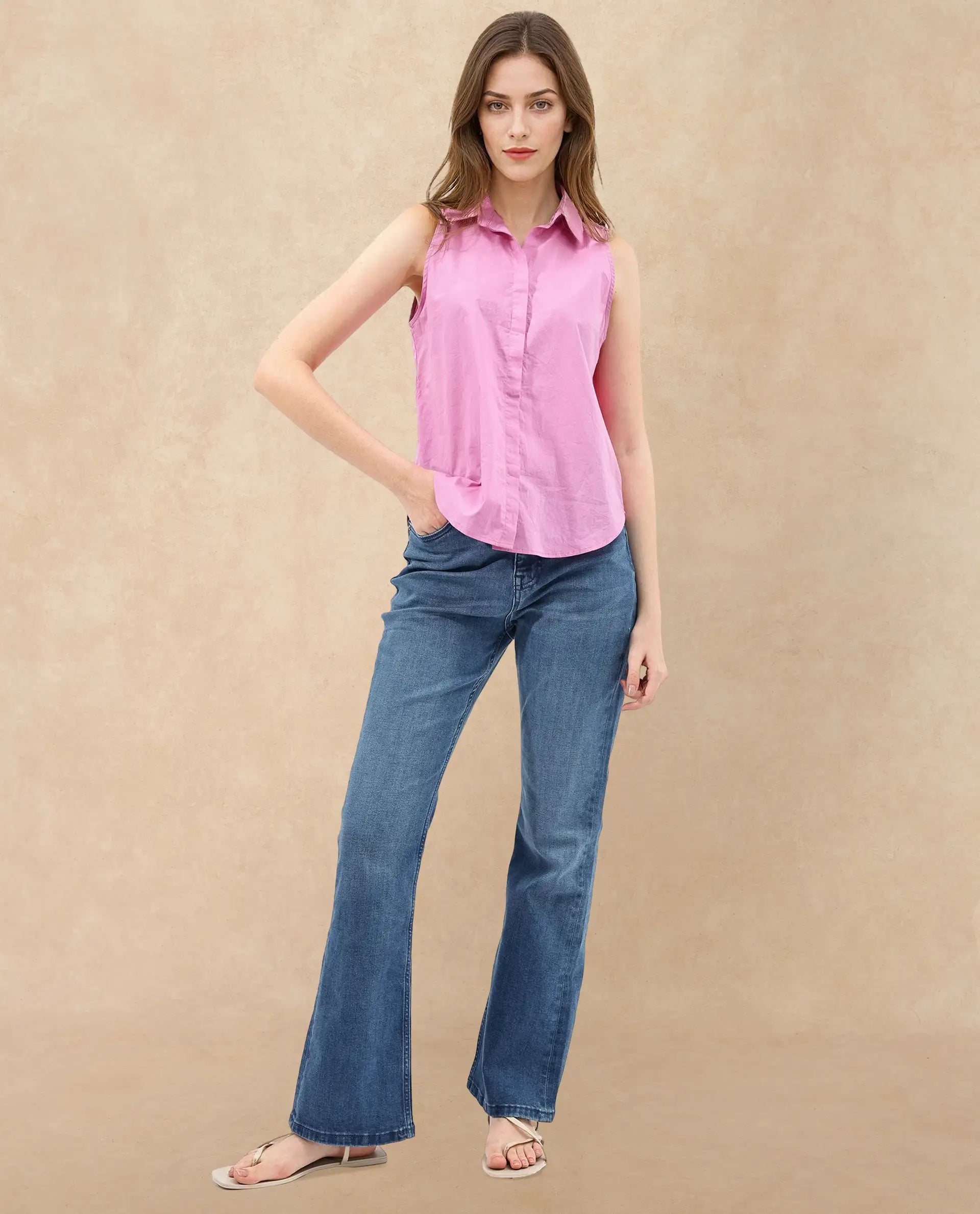 Rareism Women Blumoon-SC Pink Cotton Fabric Sleeveless Collared Neck Button Closure Solid Regular Fit Top