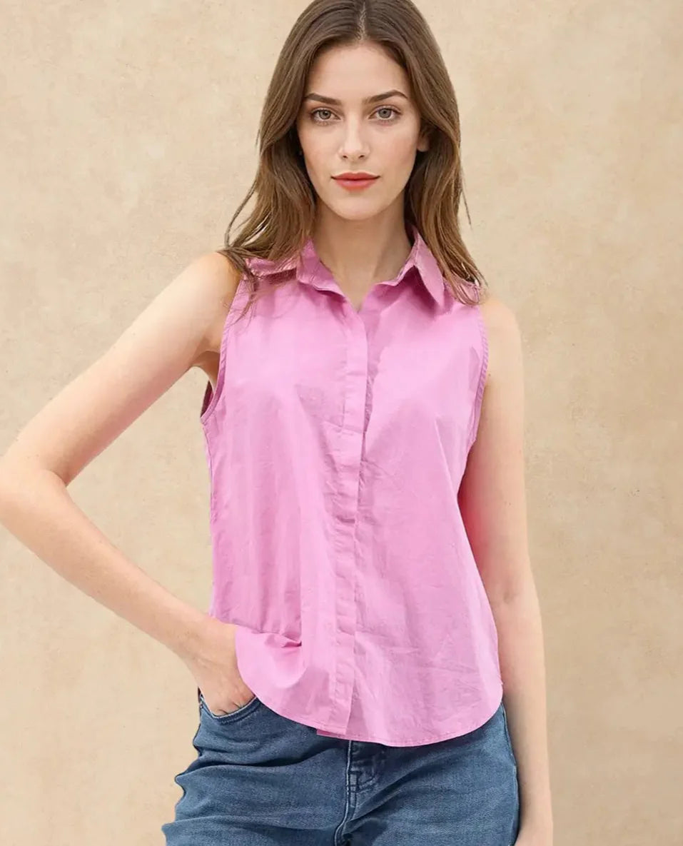 Rareism Women Blumoon-SC Pink Cotton Fabric Sleeveless Collared Neck Button Closure Solid Regular Fit Top