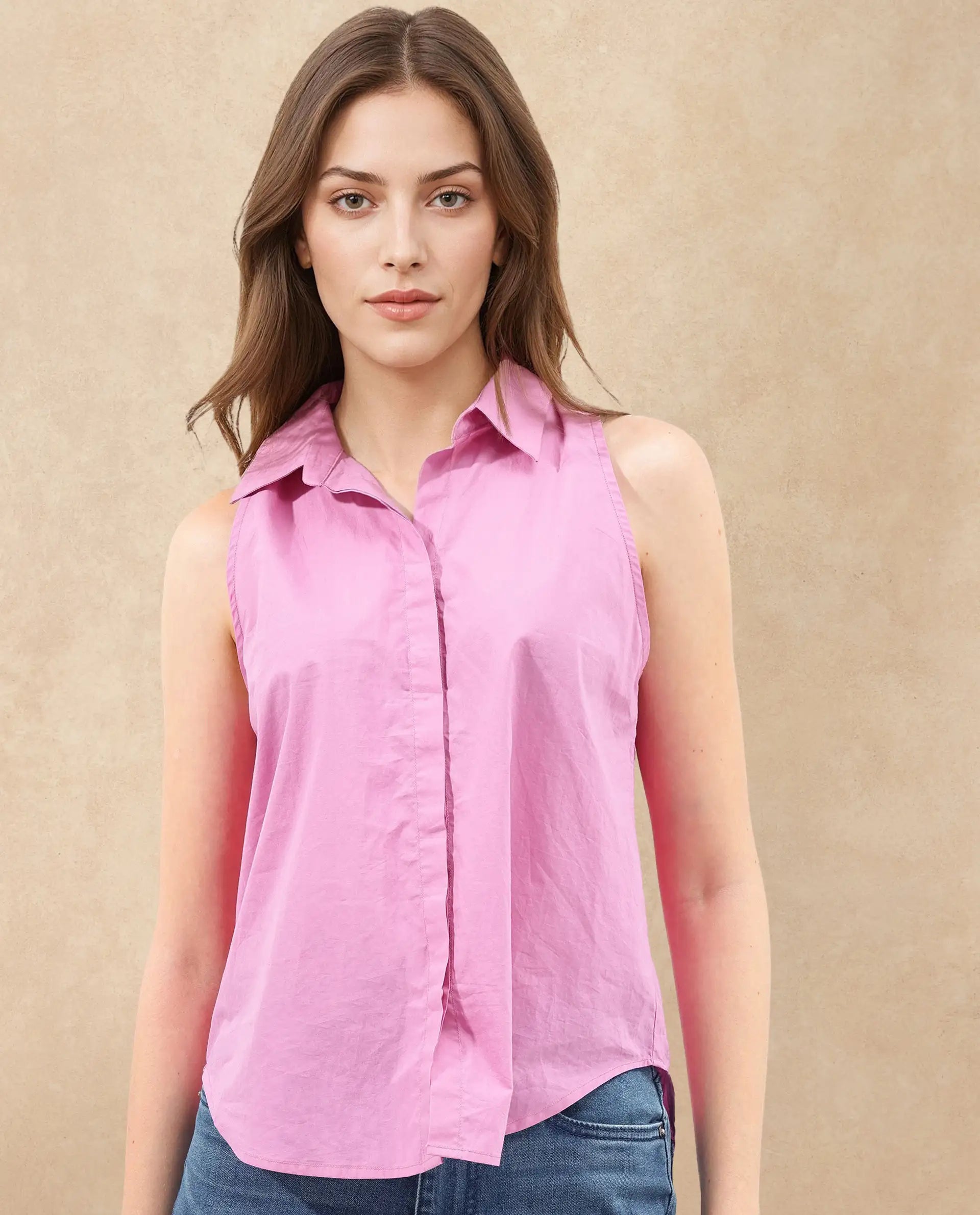 Rareism Women Blumoon-SC Pink Cotton Fabric Sleeveless Collared Neck Button Closure Solid Regular Fit Top