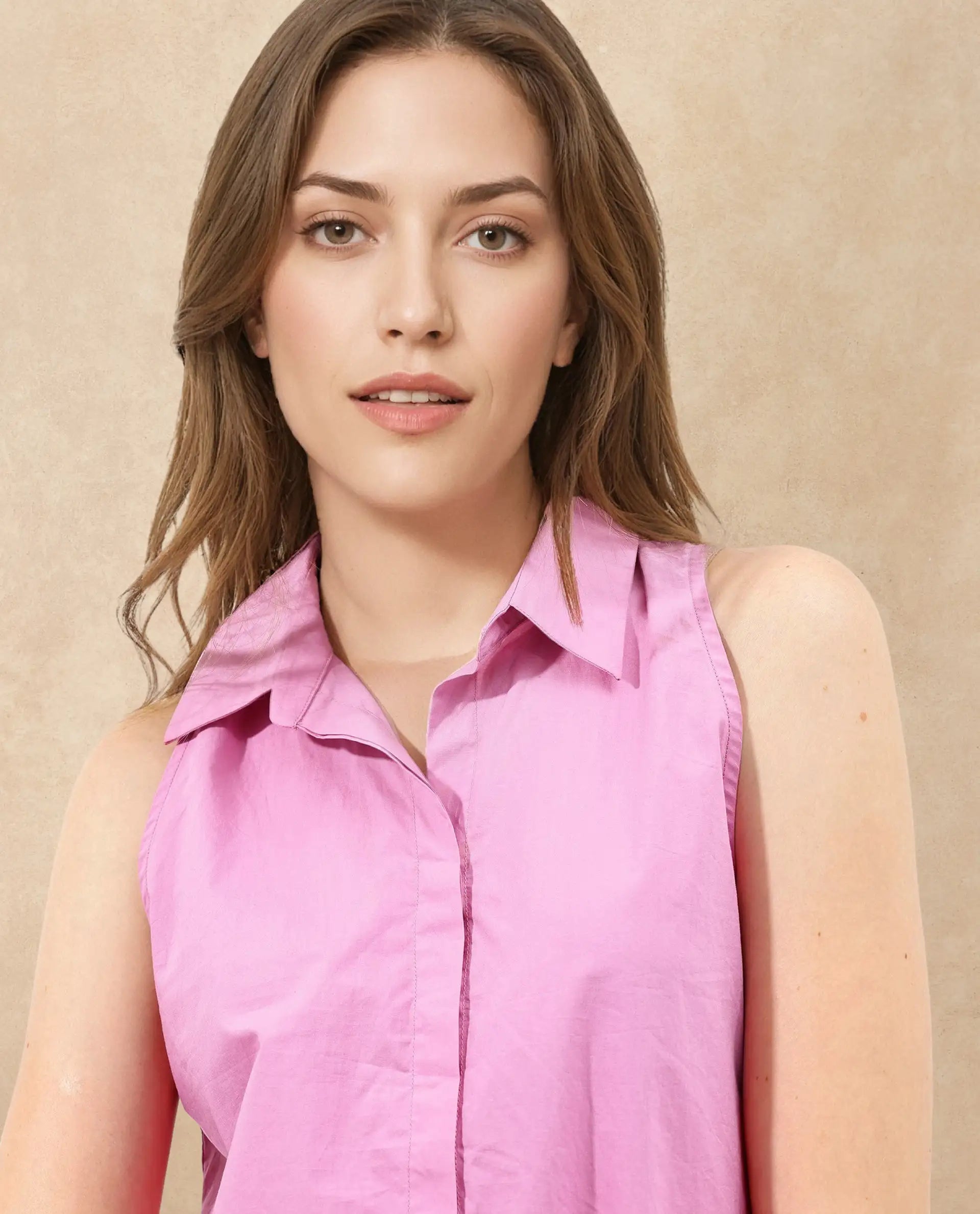 Rareism Women Blumoon-SC Pink Cotton Fabric Sleeveless Collared Neck Button Closure Solid Regular Fit Top