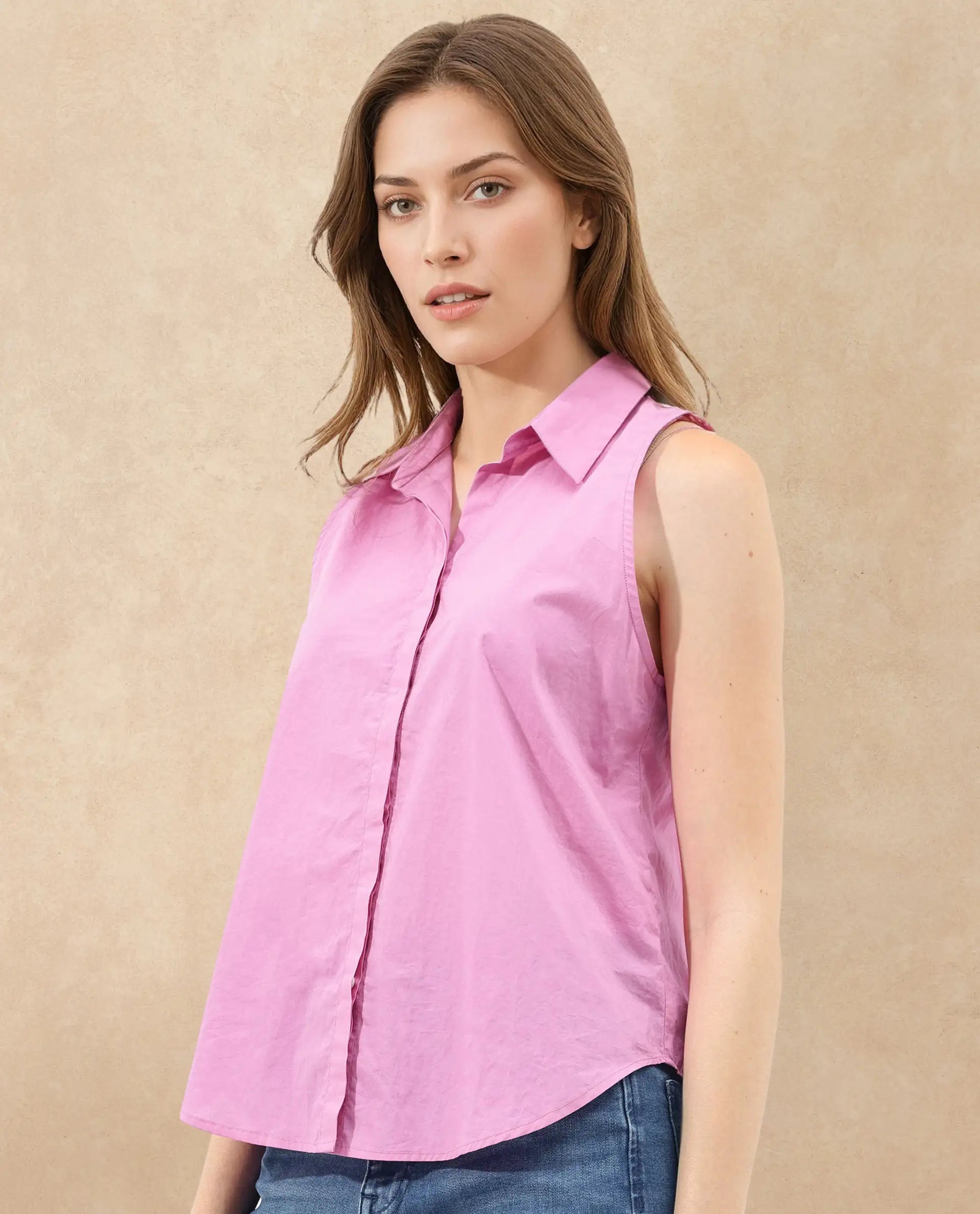 Rareism Women Blumoon-SC Pink Cotton Fabric Sleeveless Collared Neck Button Closure Solid Regular Fit Top