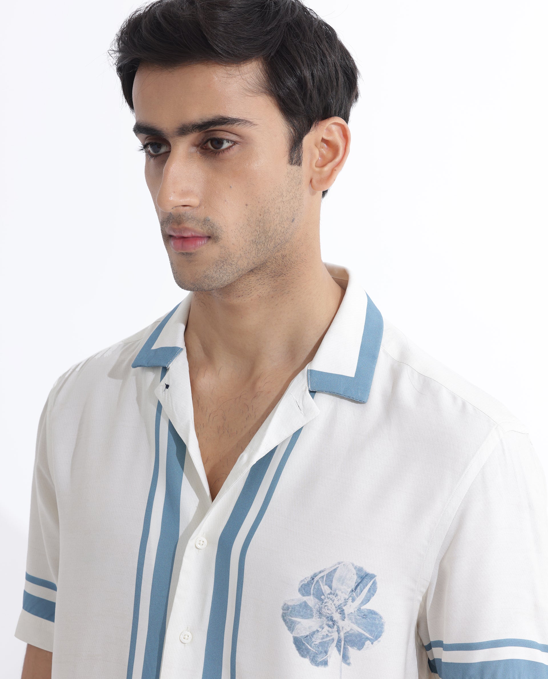 Rare Rabbit Men's Bluna Off-White Viscose Fabric Half Sleeves Cuban Collar Floral Print Shirt