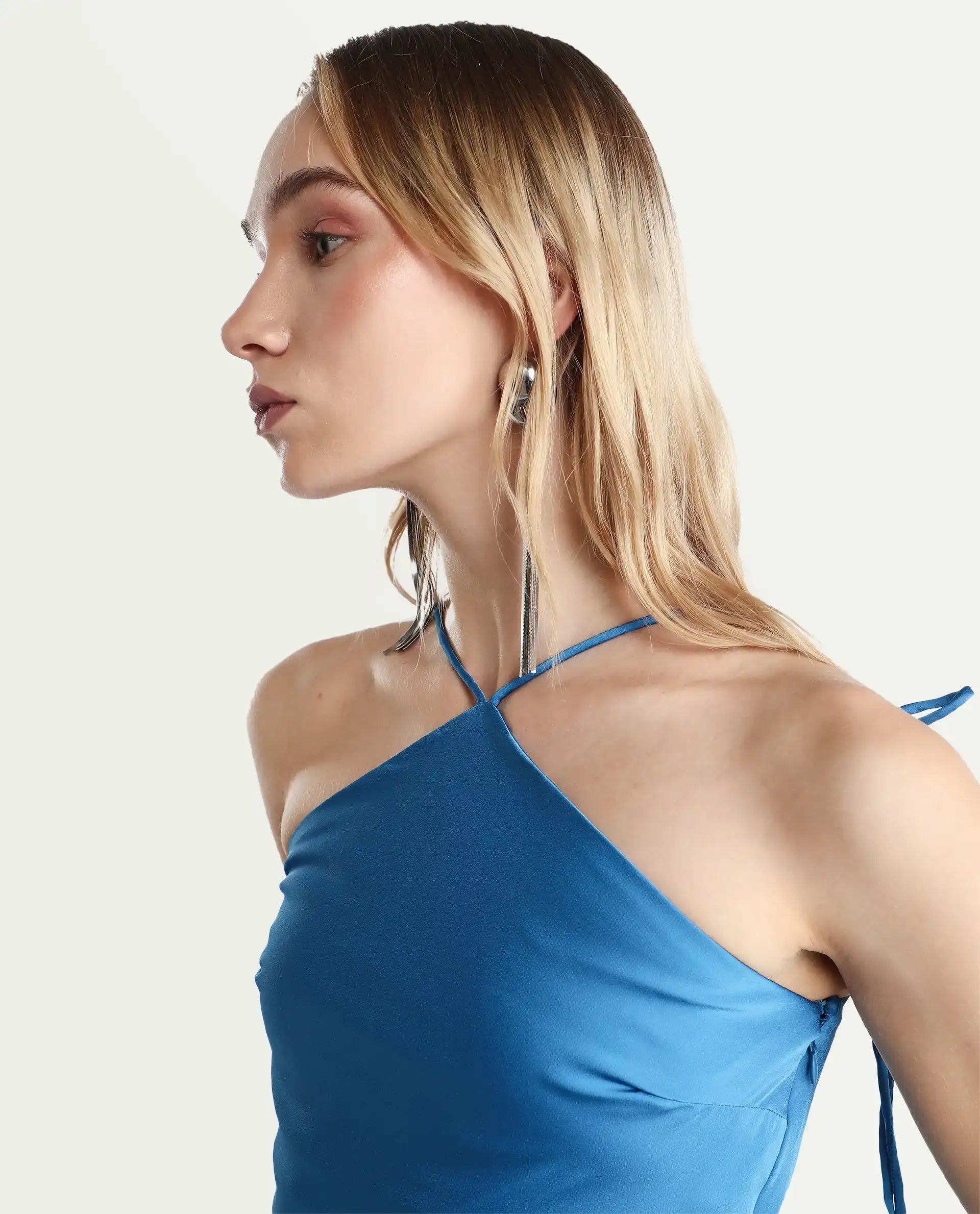 Rareism Women's Bluray Fluorescent Blue Polyester Halter Neck Plain Sleeveless Regular Fit Top