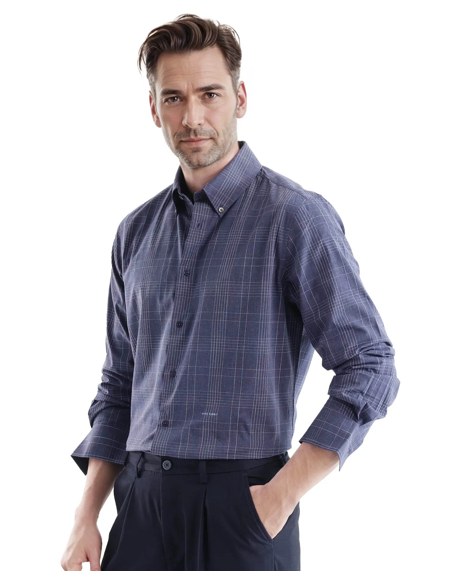 Rare Rabbit Men's Blute Dark Navy Cotton Fabric Full Sleeve Regular Fit Checks Shirt