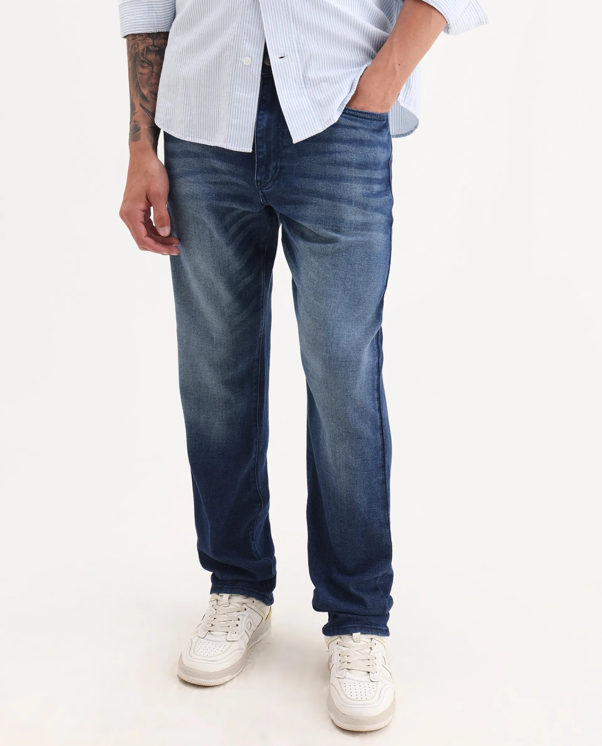 Rare Rabbit Men's Bluxx Dark Blue Cotton Blend Fabric Morris Regular Plain Jeans