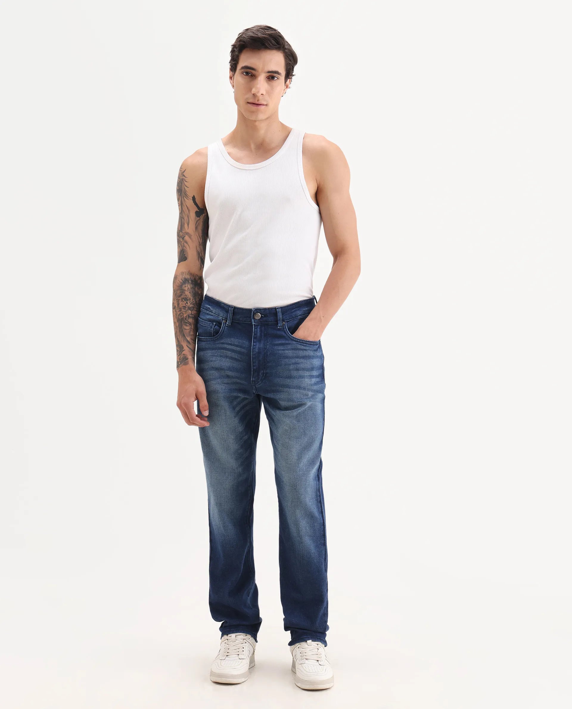 Rare Rabbit Men's Bluxx Dark Blue Cotton Blend Fabric Morris Regular Plain Jeans