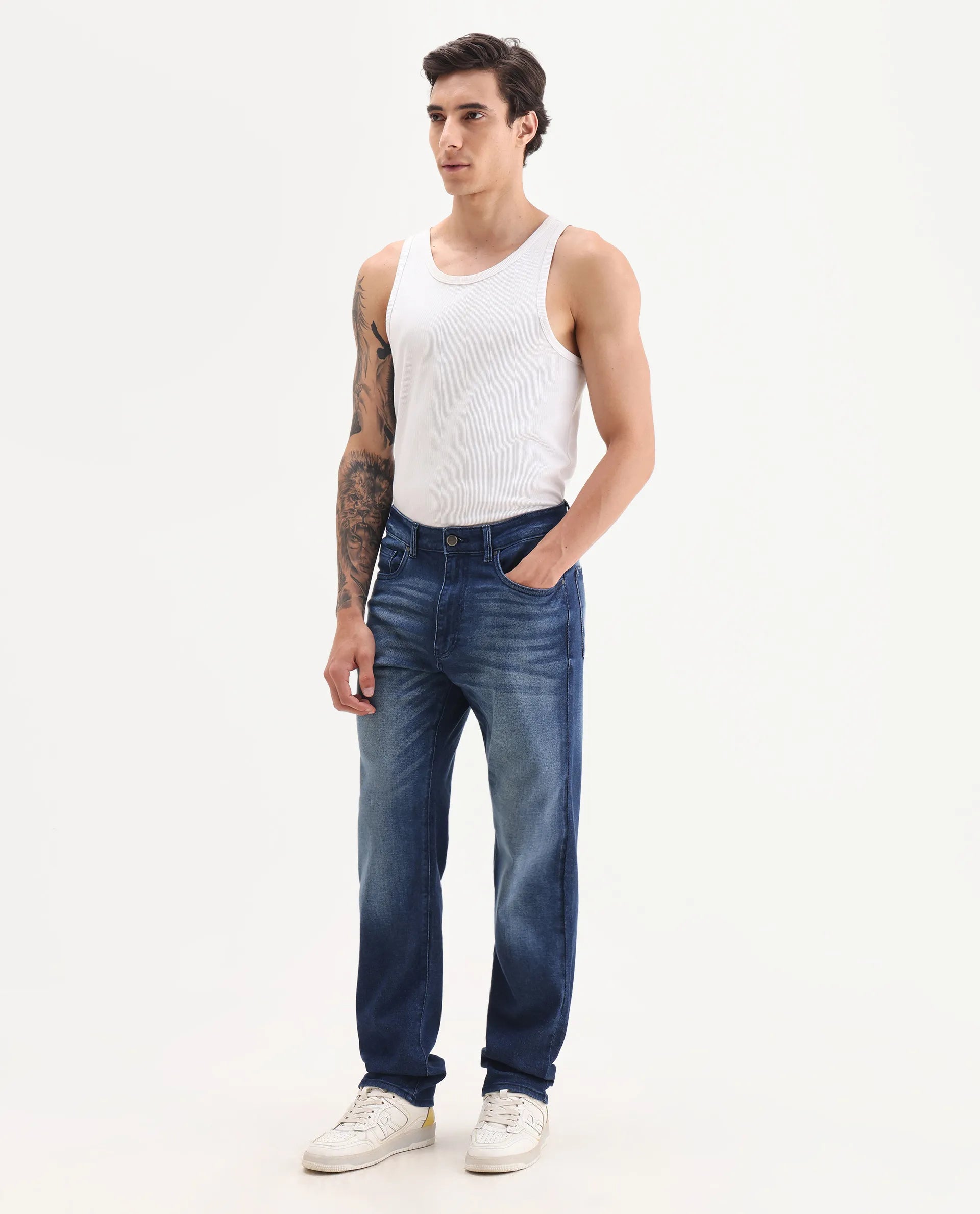 Rare Rabbit Men's Bluxx Dark Blue Cotton Blend Fabric Morris Regular Plain Jeans