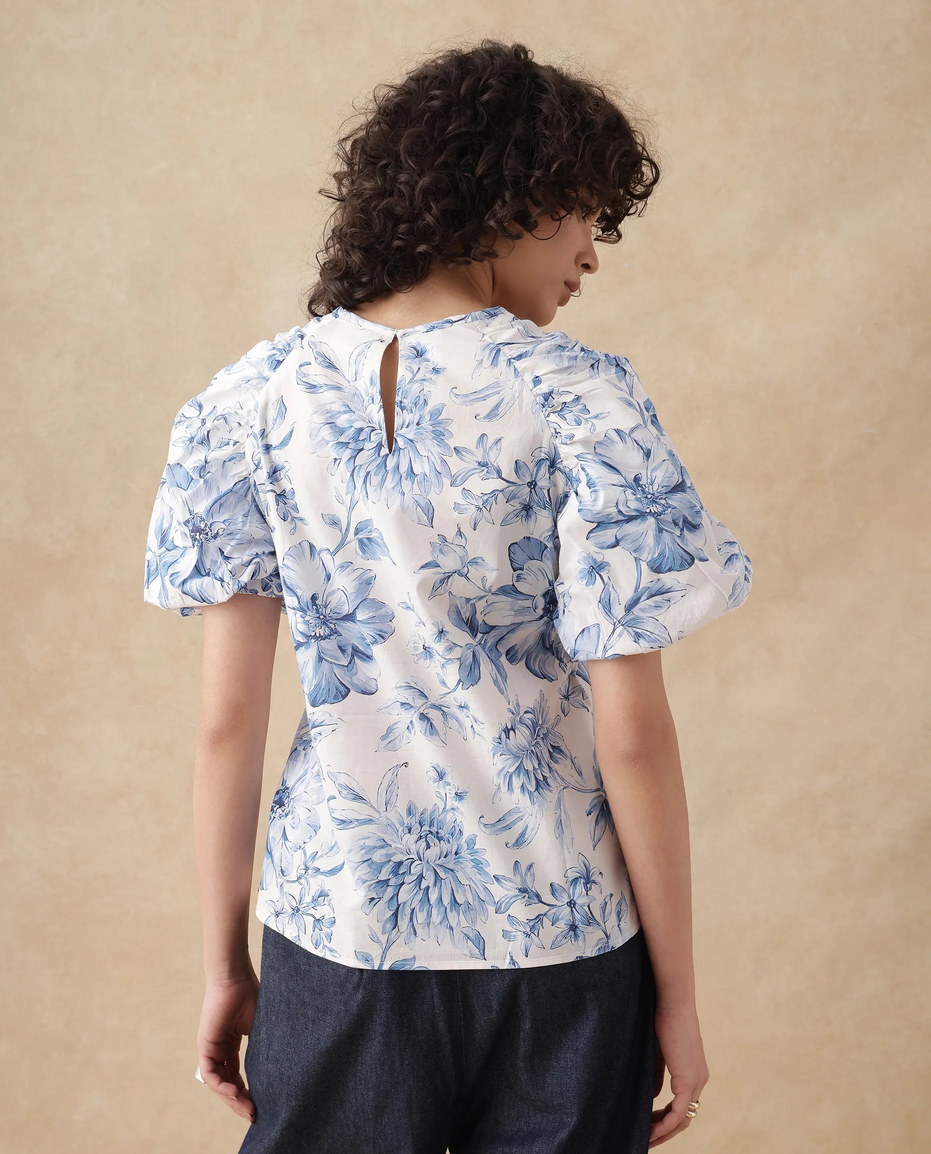 Rareism Women's Bobbie Blue Cotton Drop Collar Floral Print Raglan Sleeve Regular Fit Top