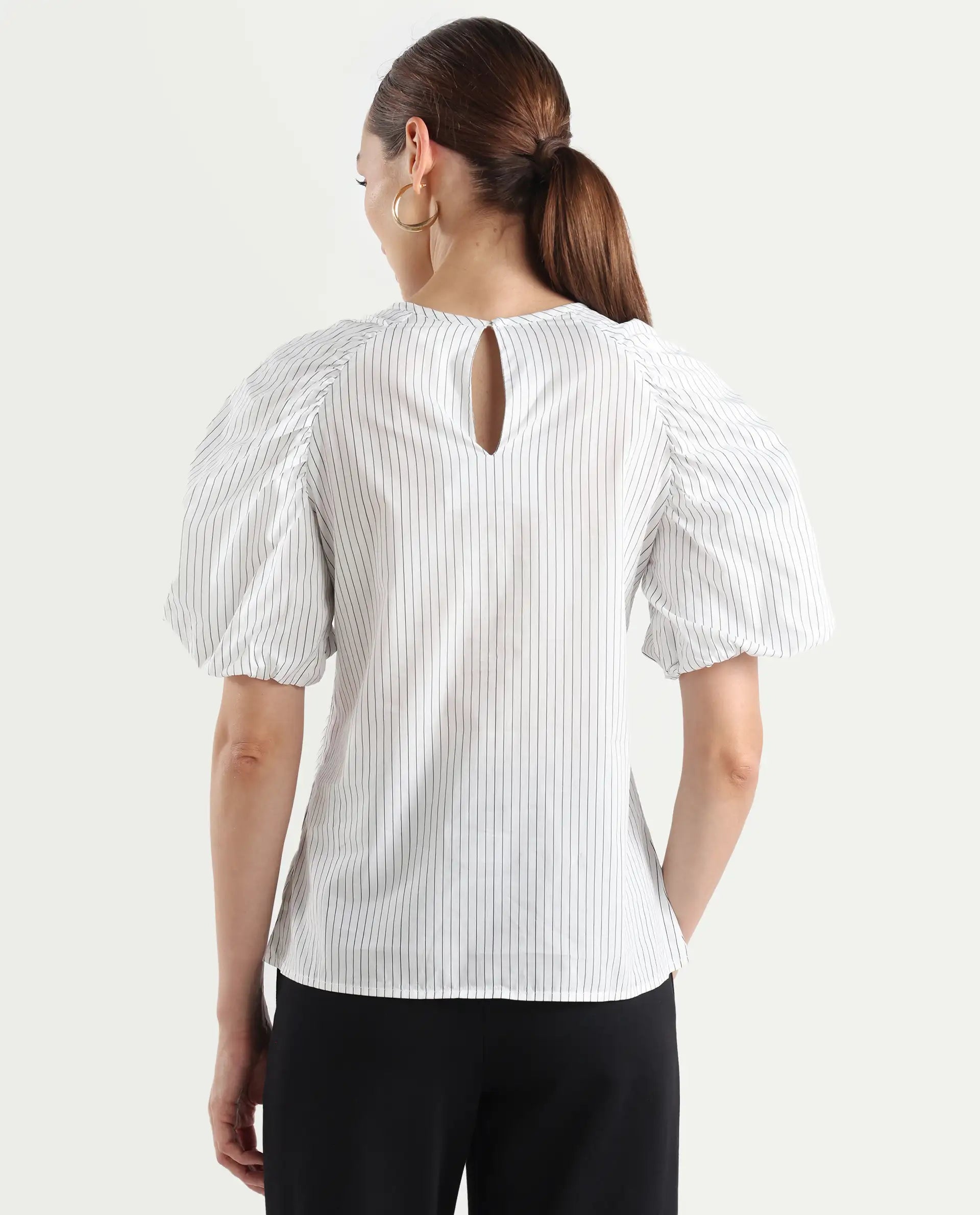 Rareism Women's Bobb White Cotton Drop Collar Striped Raglan Sleeve Regular Fit Top