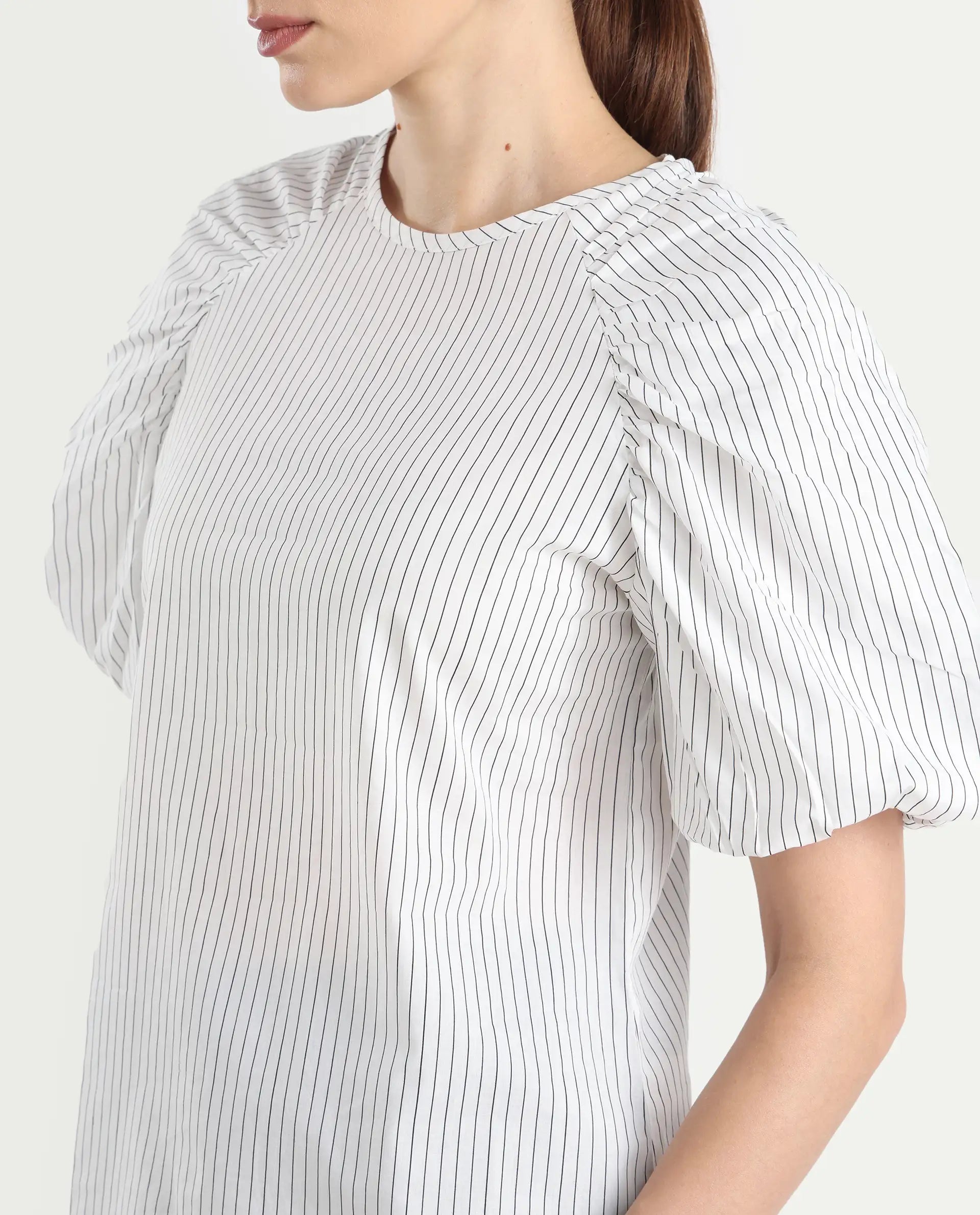 Rareism Women's Bobb White Cotton Drop Collar Striped Raglan Sleeve Regular Fit Top