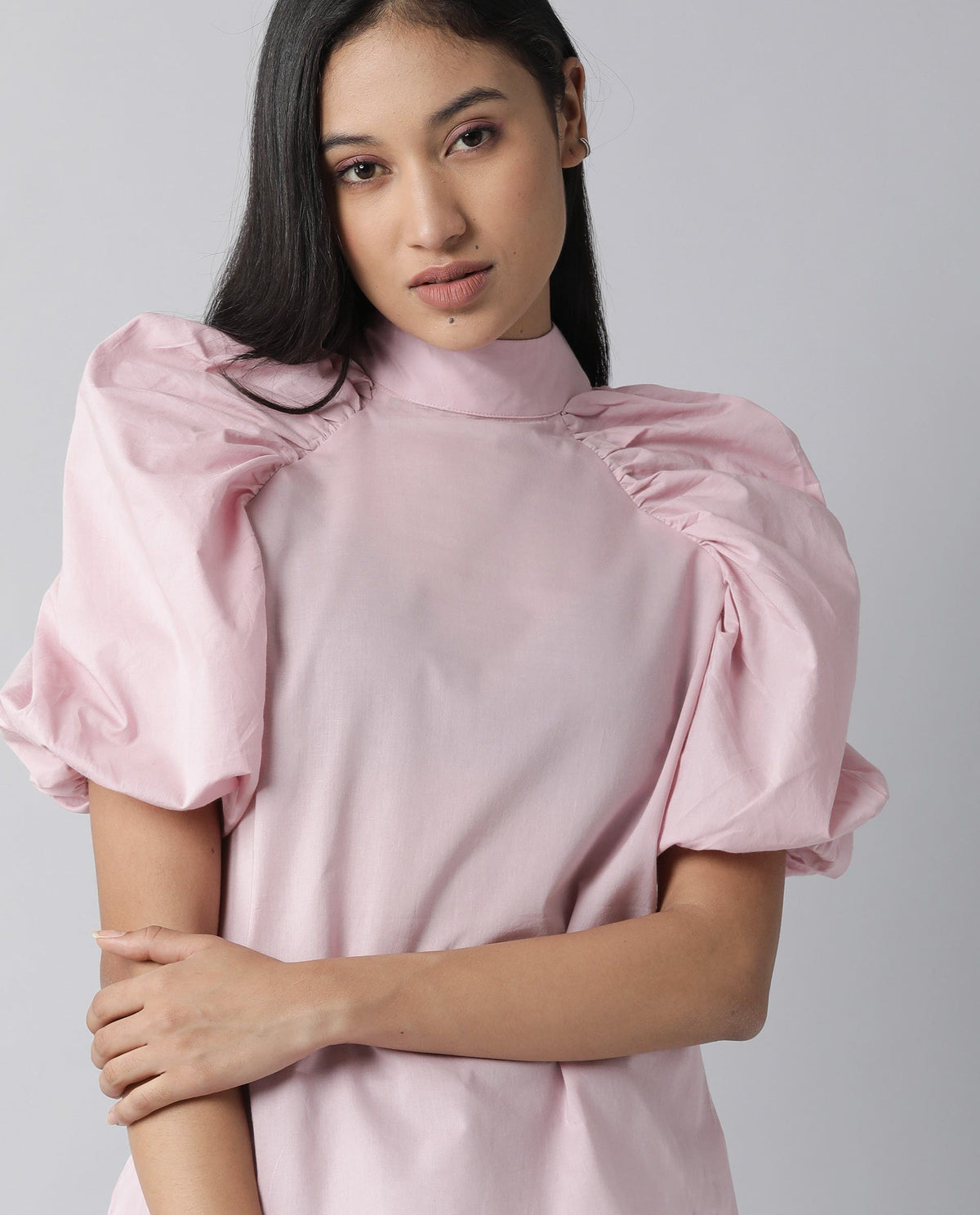 Rareism Womens Bobby Pink Top Cotton Fabric  Half Sleeve High Neck
