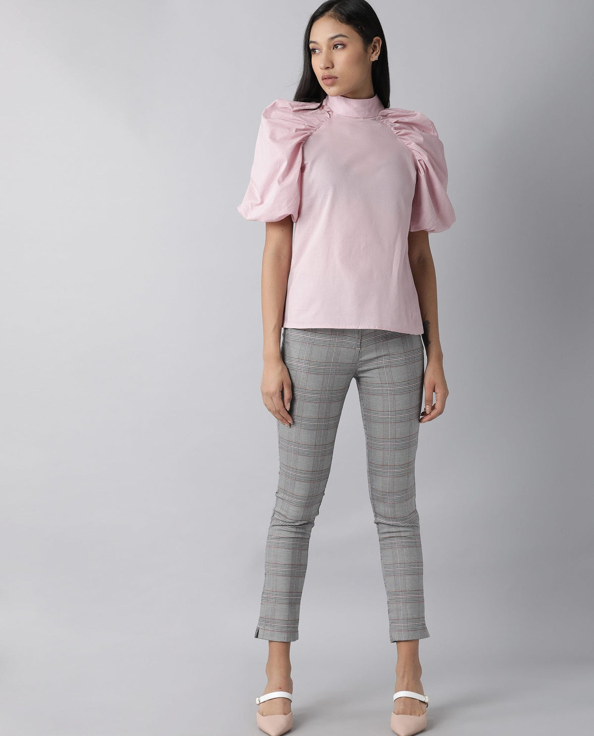 Rareism Womens Bobby Pink Top Cotton Fabric  Half Sleeve High Neck