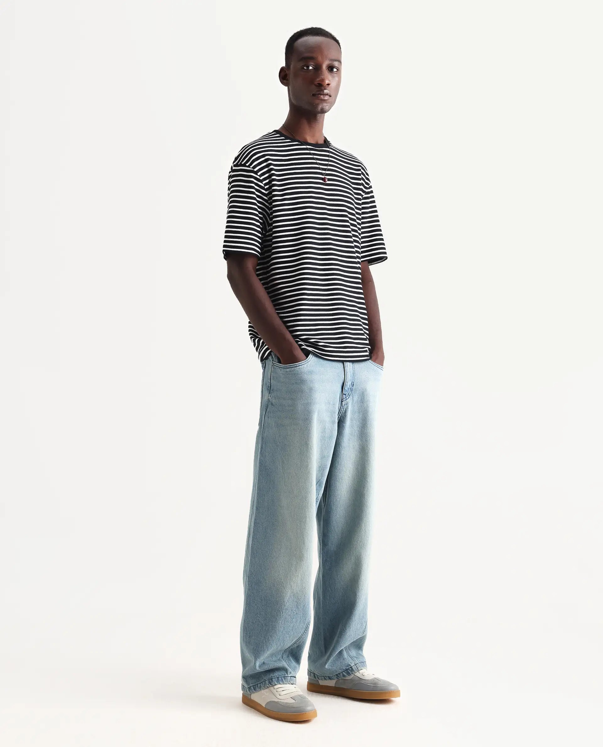 Rare Rabbit Men's Bo Blue Cotton Plain Baggy Fit Jeans