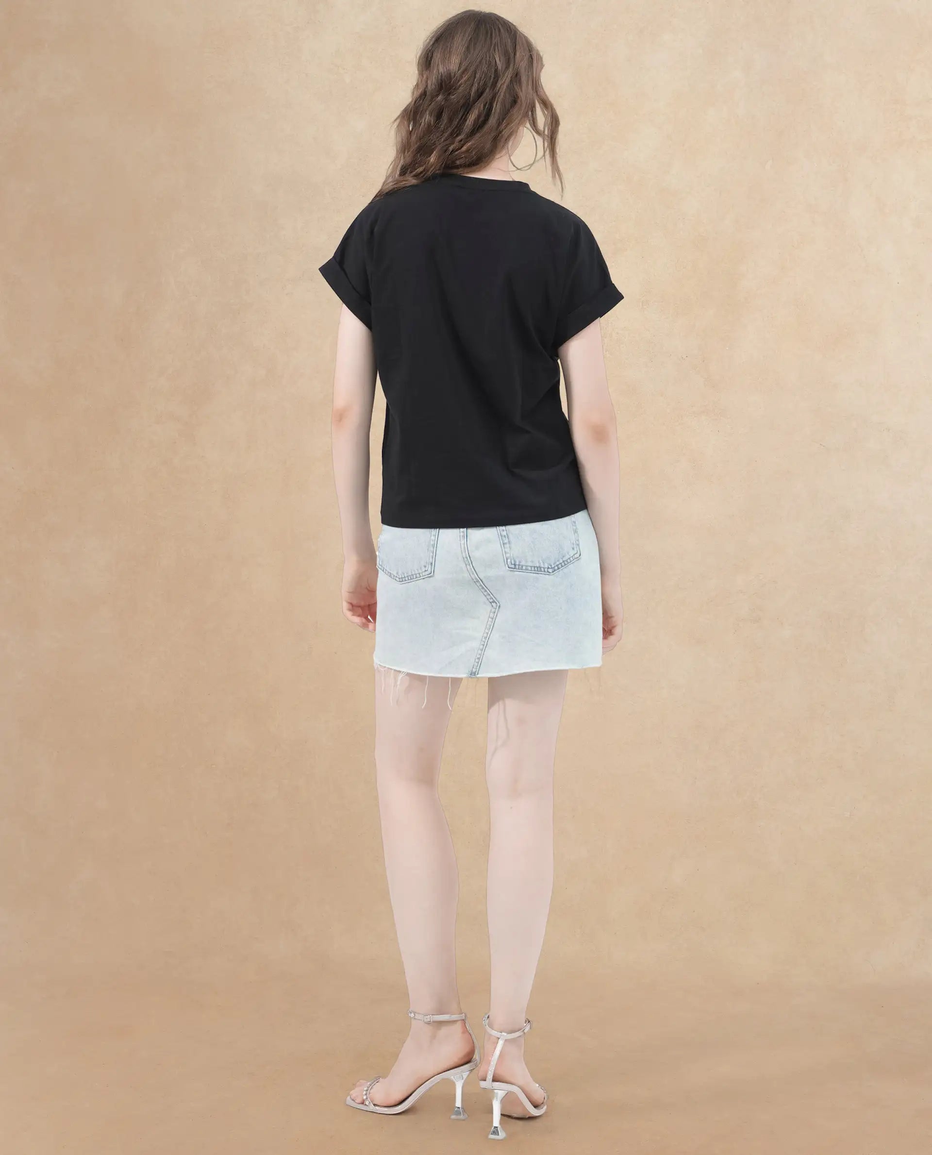 Rareism Women's Bocato Black Cotton Blend Crew Neck Graphic Print Extended Sleeves Regular Fit T-Shirt