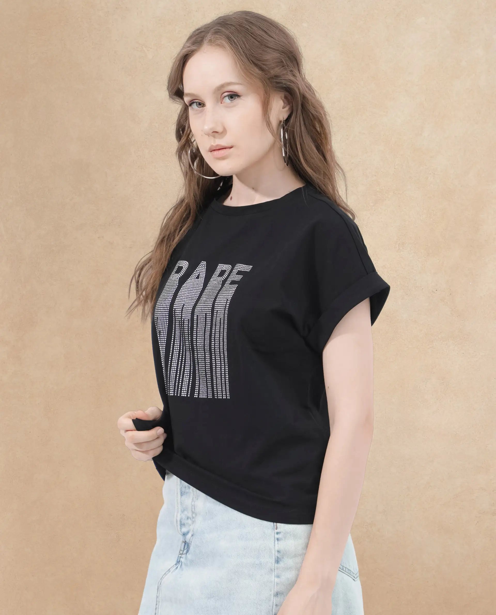 Rareism Women's Bocato Black Cotton Blend Crew Neck Graphic Print Extended Sleeves Regular Fit T-Shirt