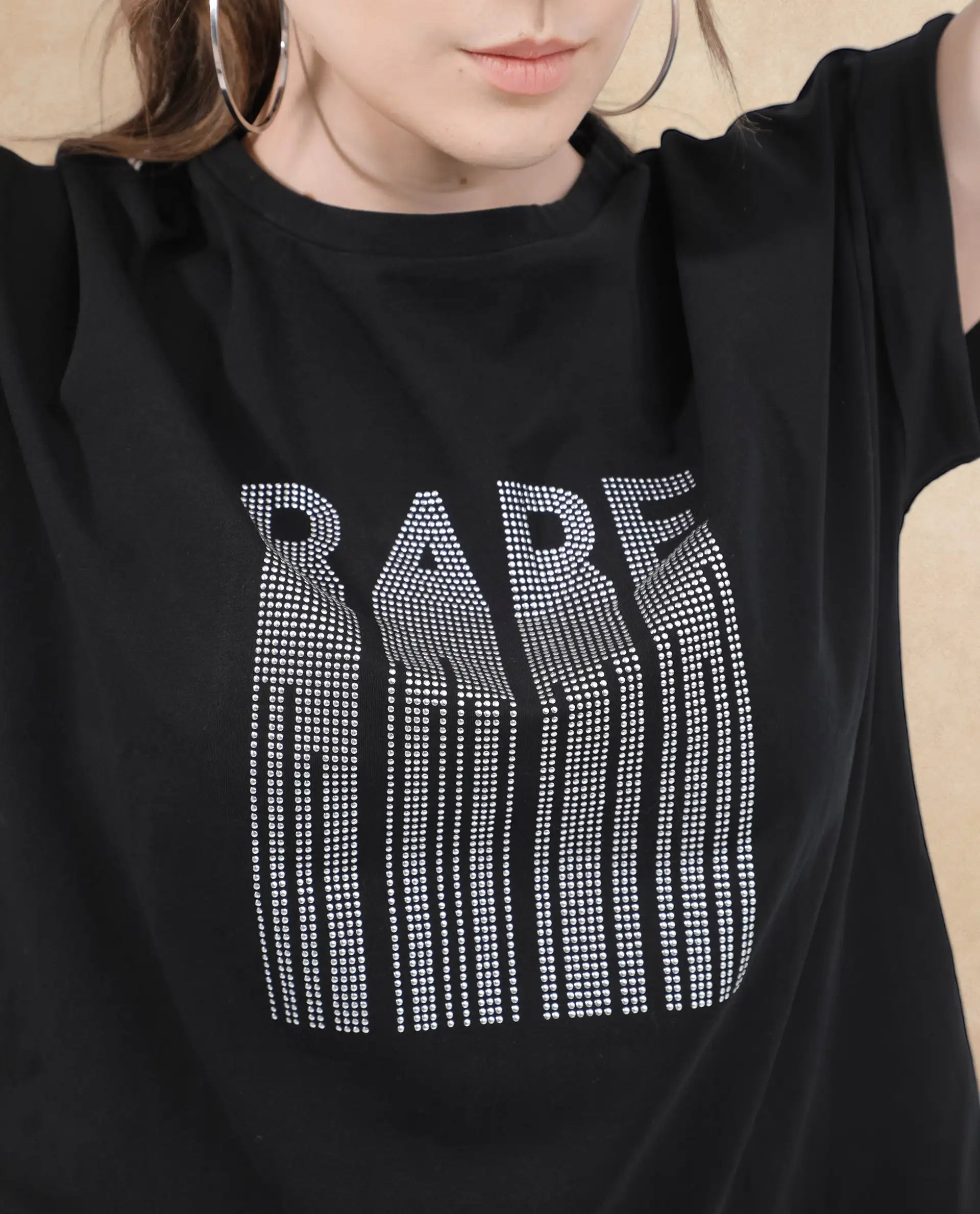 Rareism Women's Bocato Black Cotton Blend Crew Neck Graphic Print Extended Sleeves Regular Fit T-Shirt