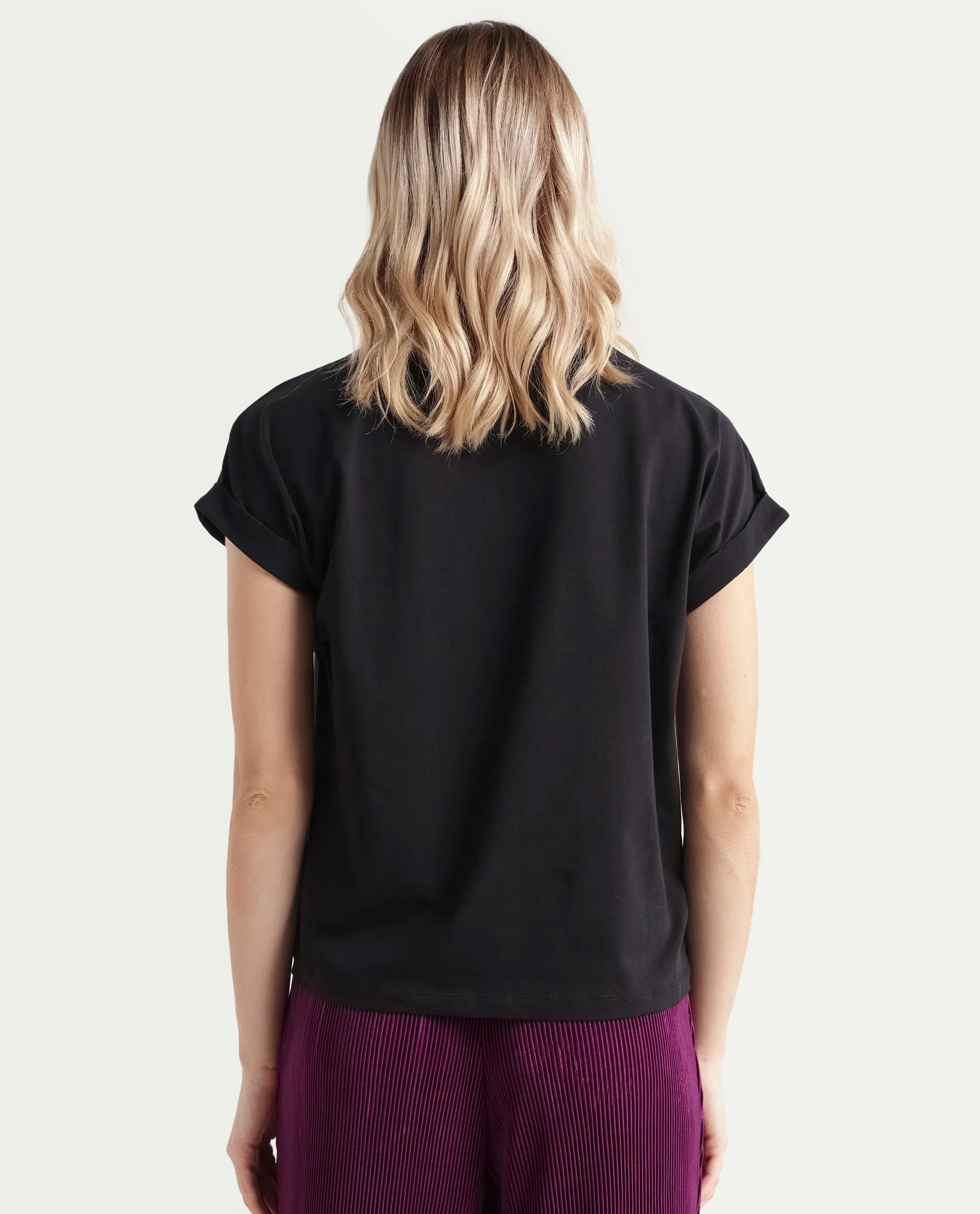 Rareism Women's Bocato Black Cotton Blend Crew Neck Graphic Print Extended Sleeves Regular Fit T-Shirt