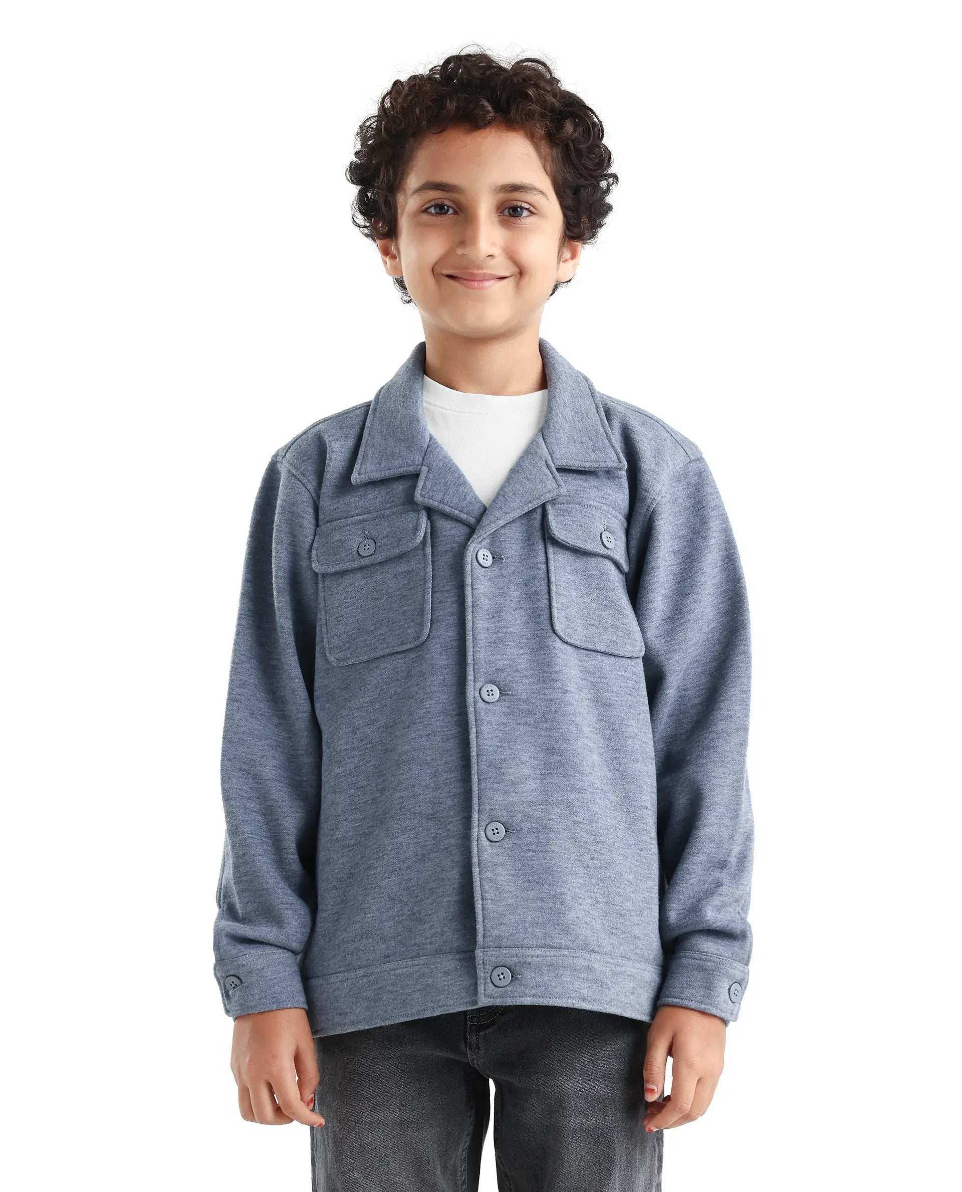 Rare Ones Kids Bochin Blue Polyester Button Closure Flat Collar Plain Full Sleeves Regular Fit Jacket