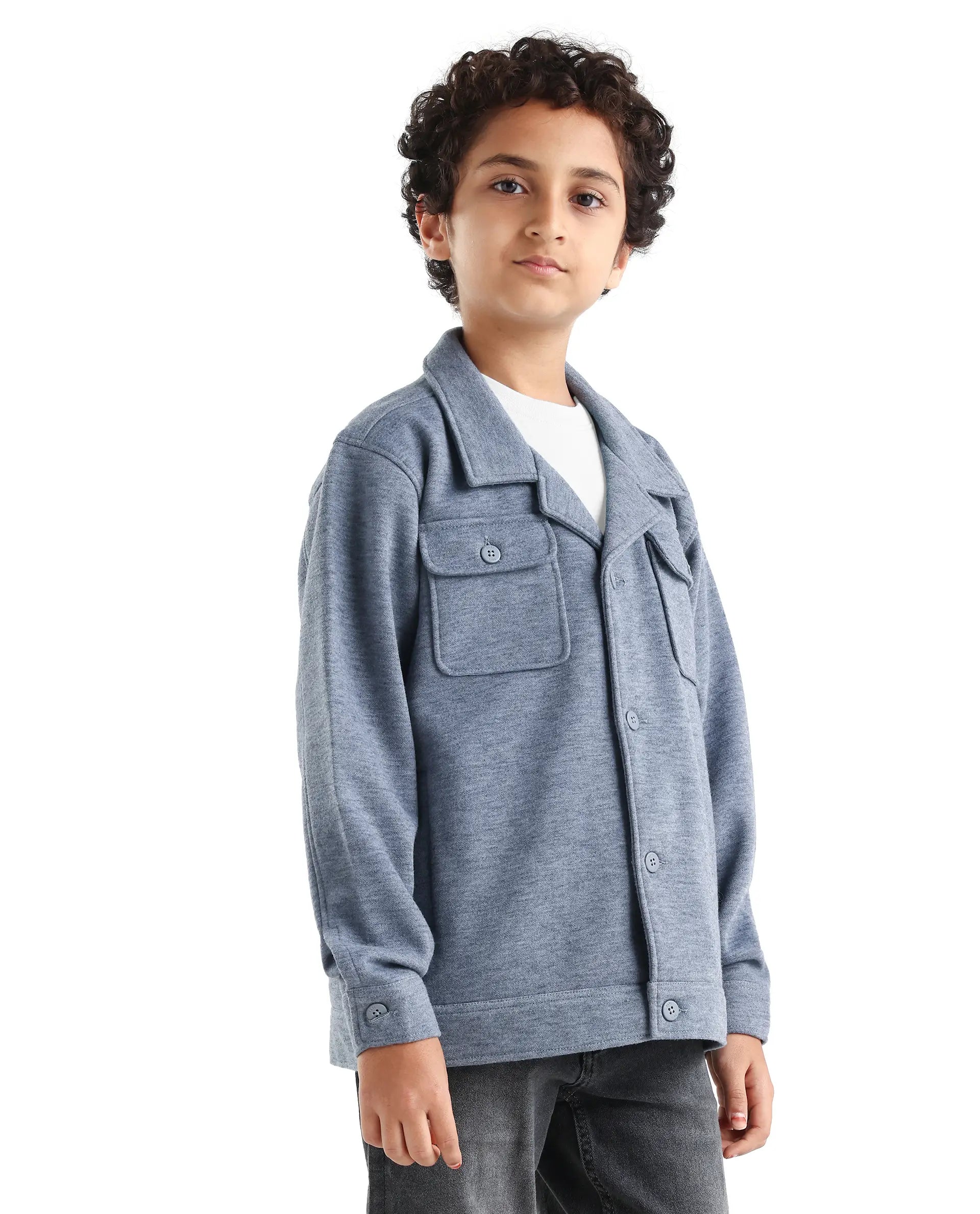 Rare Ones Kids Bochin Blue Polyester Button Closure Flat Collar Plain Full Sleeves Regular Fit Jacket