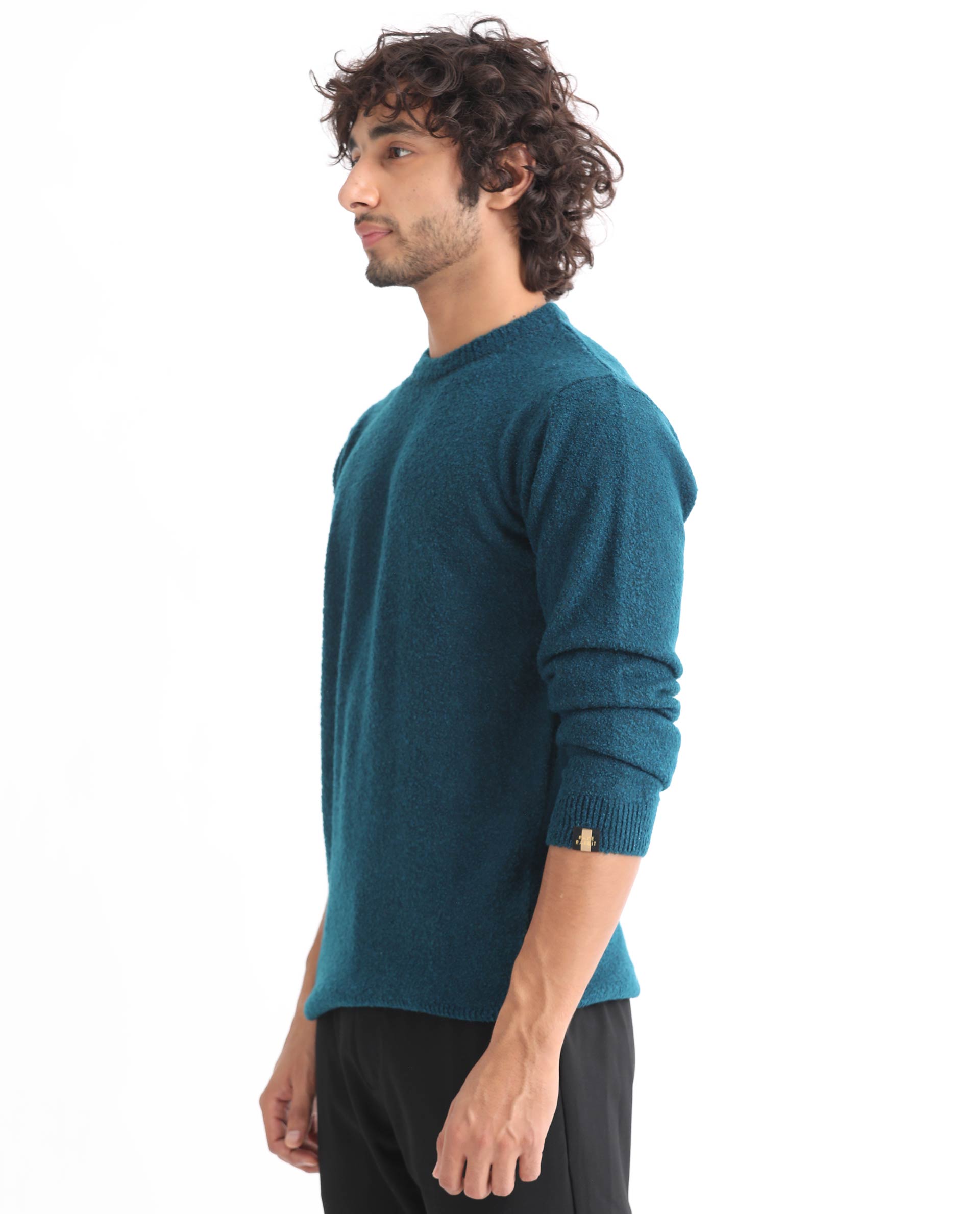 Rare Rabbit Mens Bocle Petrol Sweater Acrylic Polyester Fabric Crew Neck Knitted Full Sleeves Comfortable Fit