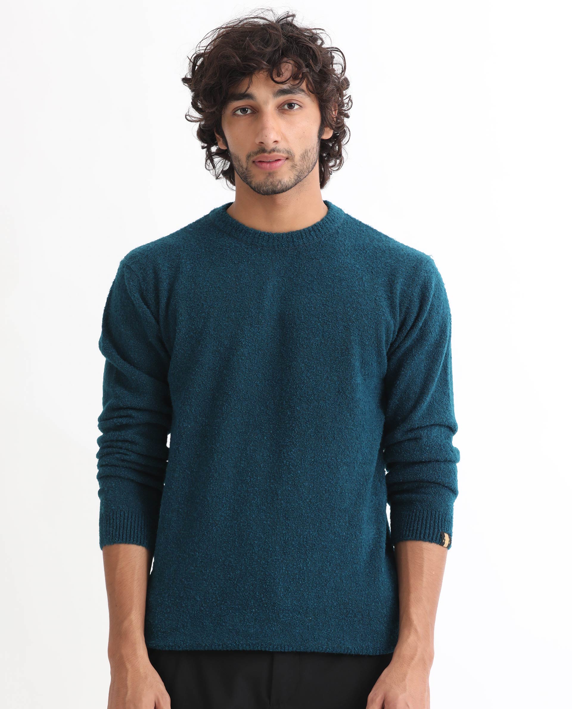 Rare Rabbit Mens Bocle Petrol Sweater Acrylic Polyester Fabric Crew Neck Knitted Full Sleeves Comfortable Fit