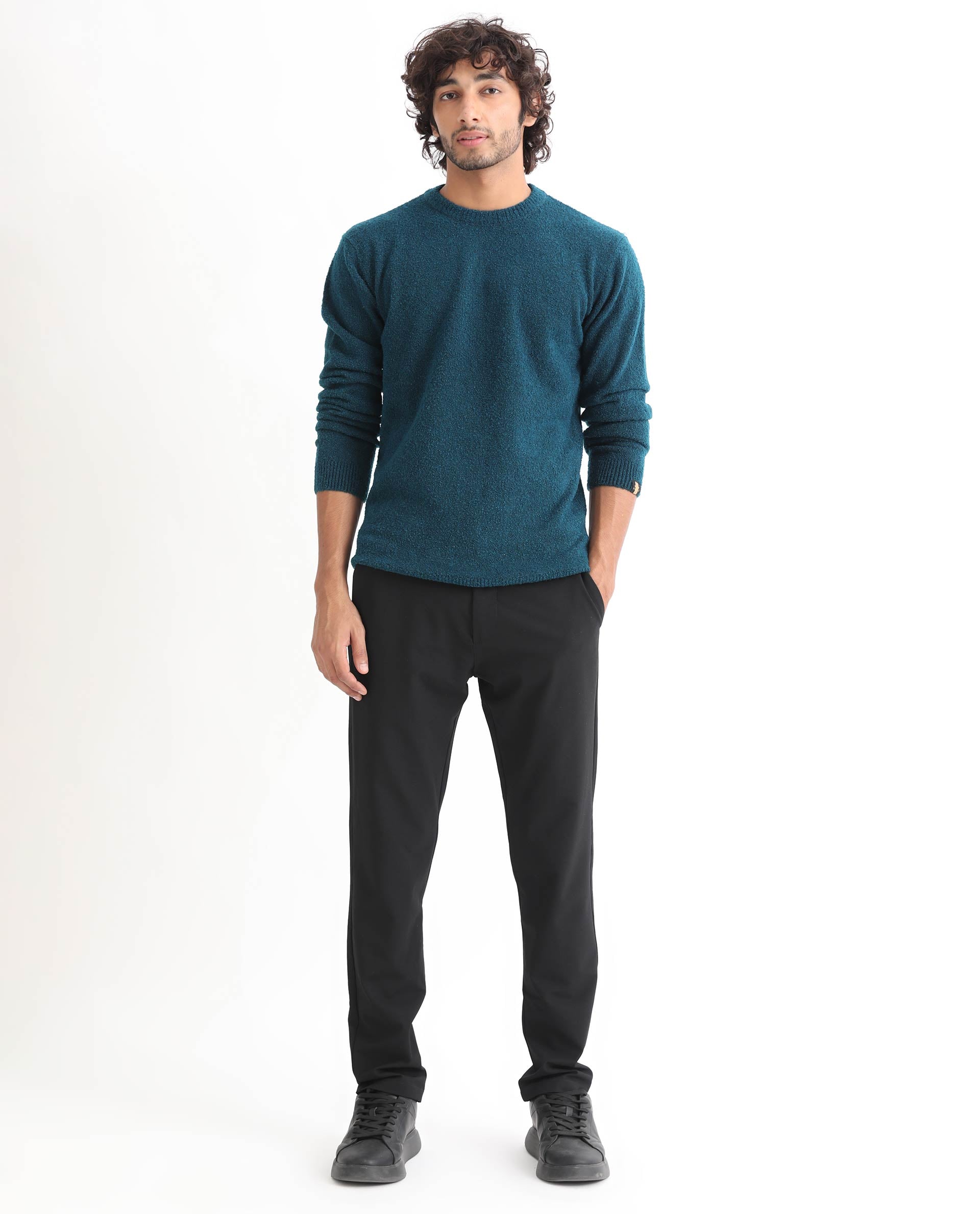 Rare Rabbit Mens Bocle Petrol Sweater Acrylic Polyester Fabric Crew Neck Knitted Full Sleeves Comfortable Fit