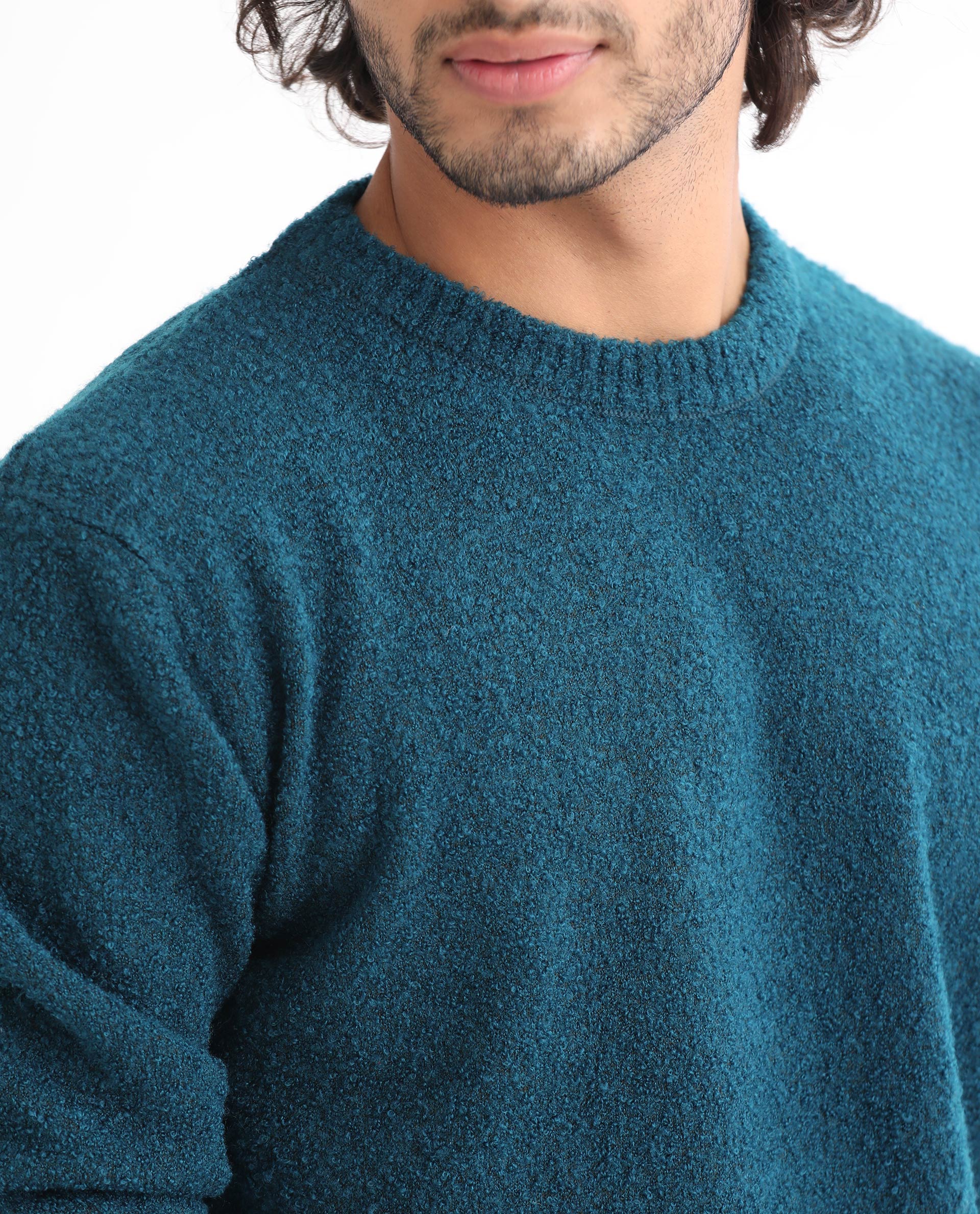 Rare Rabbit Mens Bocle Petrol Sweater Acrylic Polyester Fabric Crew Neck Knitted Full Sleeves Comfortable Fit