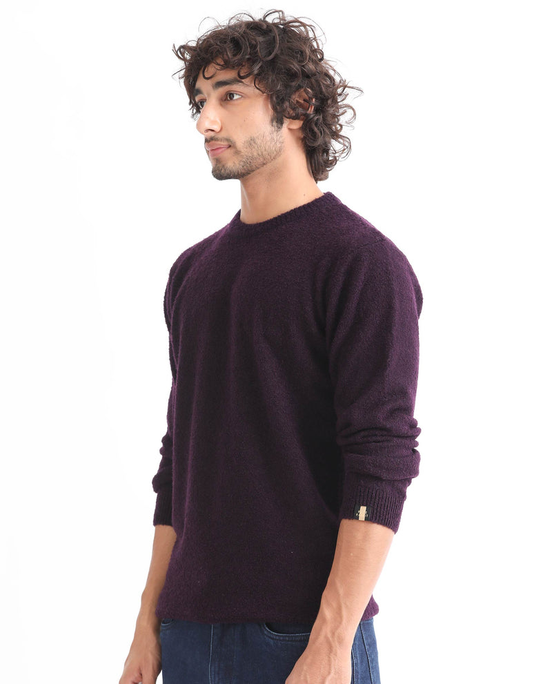 RARE RABBIT MENS BOCLE PURPLE SWEATER ACRYLIC POLYESTER FABRIC CREW NECK KNITTED FULL SLEEVES COMFORTABLE FIT