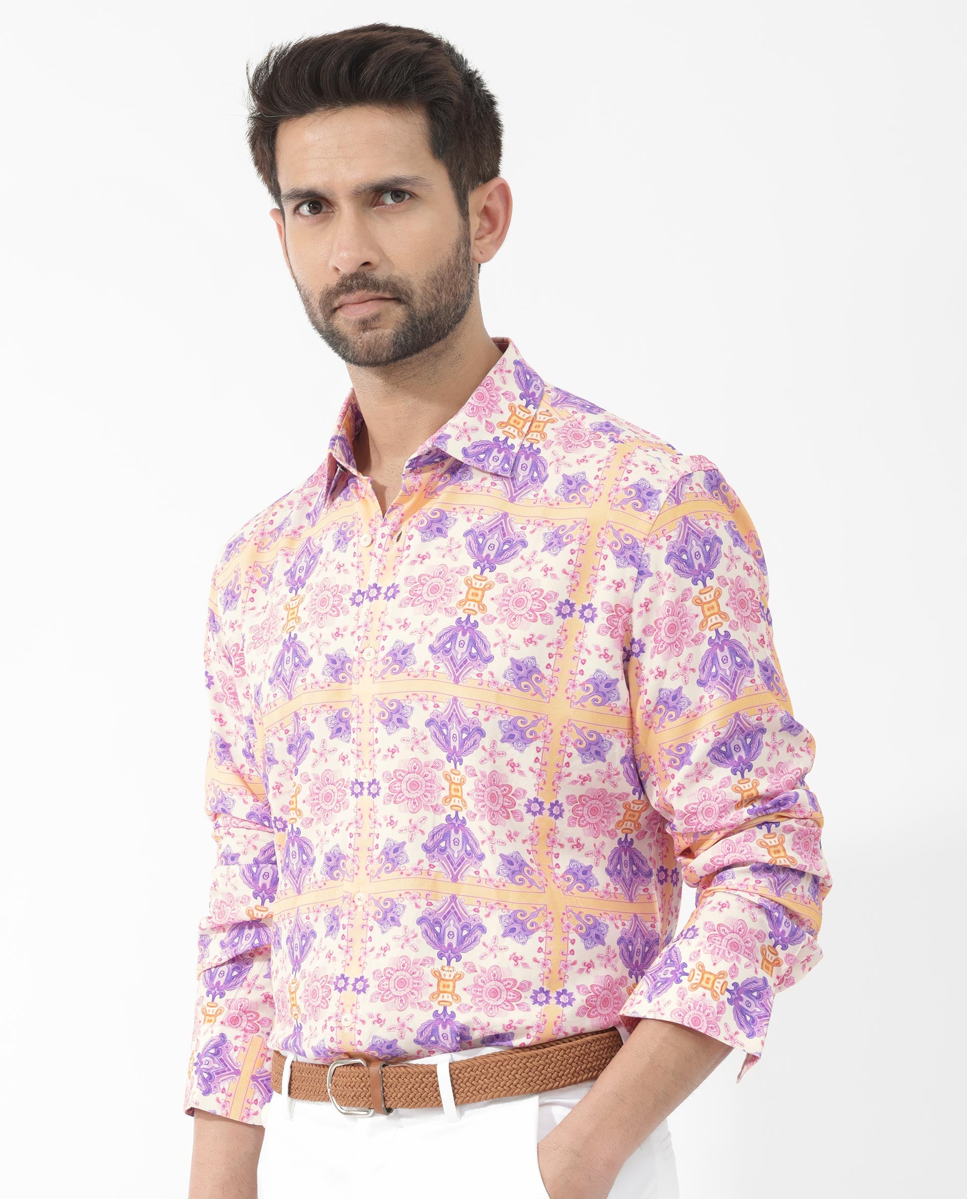 Rare Rabbit Mens Bodem Pink Full Sleeve Spread Collar Decorative Print Shirt