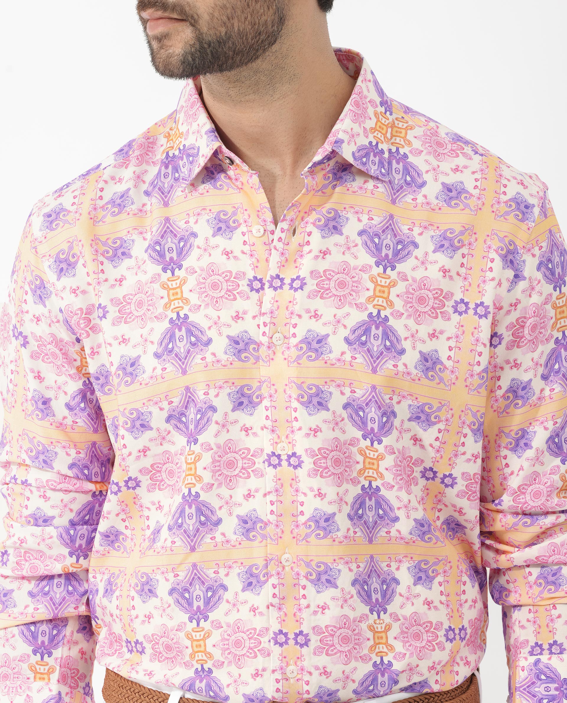 Rare Rabbit Mens Bodem Pink Full Sleeve Spread Collar Decorative Print Shirt